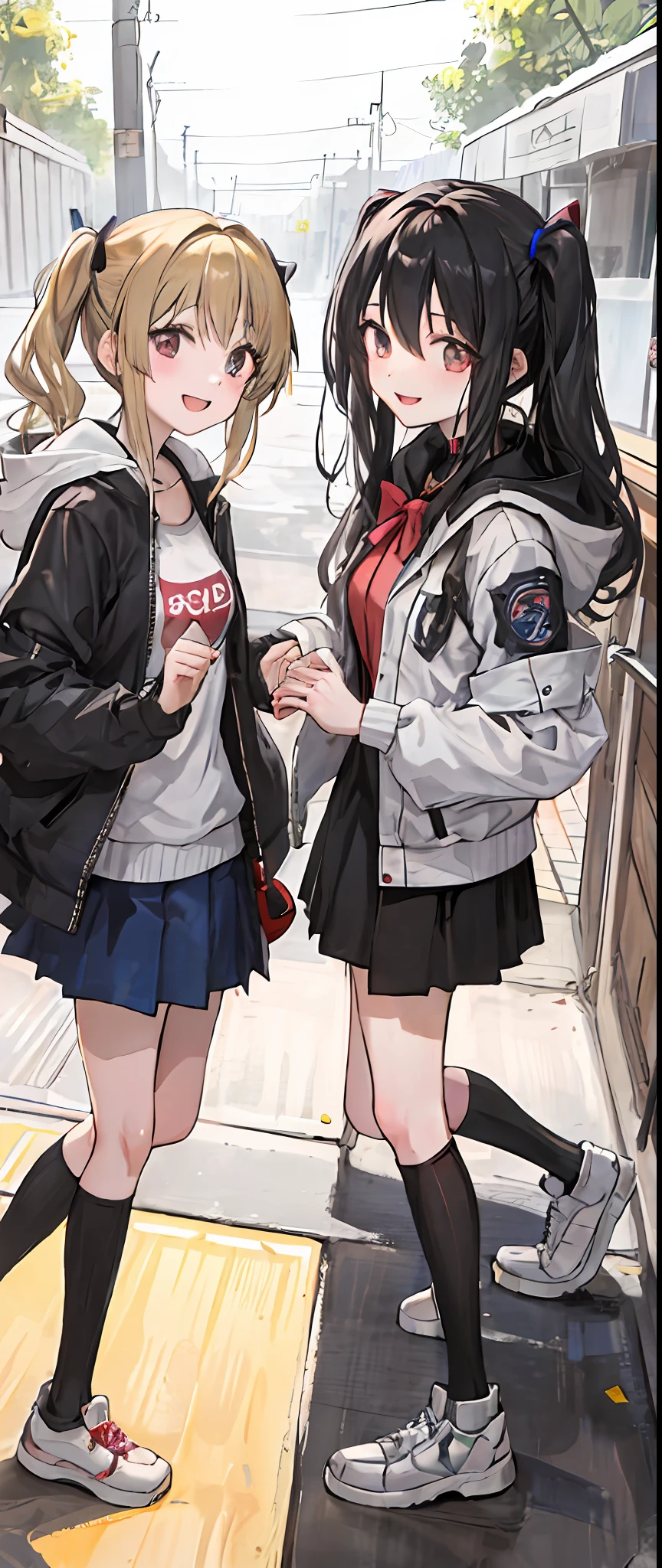 two anime anime anime japanese anime girls holding hands with one another, 2girls, blonde hair, multiple girls, smile, jacket, open mouth, looking at viewer, black hair, twintails, upper body, long sleeves, :d