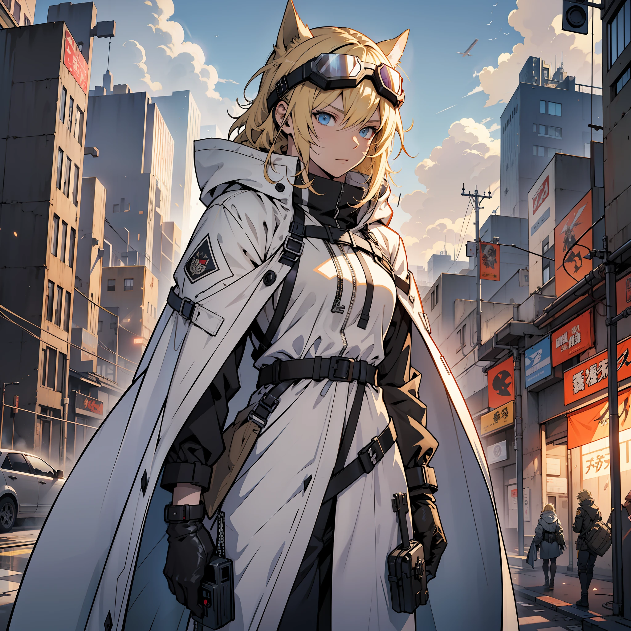 Noisy night city background, single, colorless translucent hooded trench coat, windproof goggles, blonde, gunman, horse ear, heroic royal sister, ark of tomorrow, best quality, high resolution, best quality, high quality, detailed key anime art, best anime --auto --s2