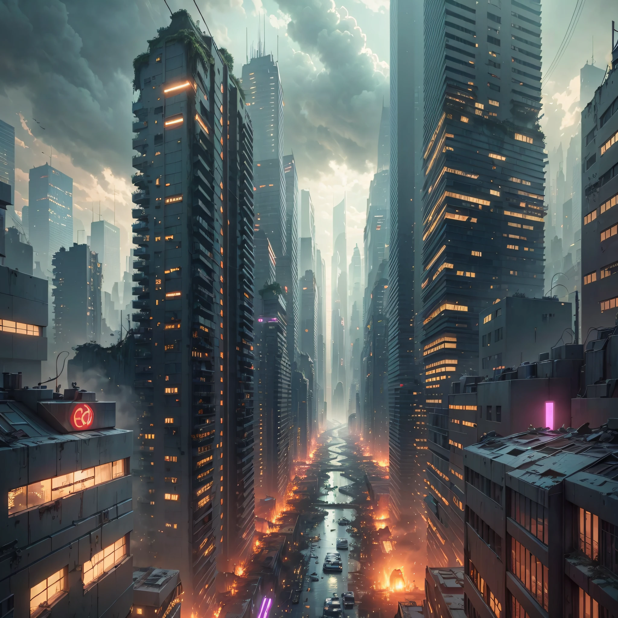 (extremely detailed CG unity 8k wallpaper, best quality, hyper-realistic),(cyberpunk dystopian, overgrown destroyed city, gigantic hyperstructure in the middle,),
[:(electricity emitting only from hyperstructure),(tall buildings completely destroyed), (urban jungle filled with plants), (grimy grunge effect):(1.2)], 
[(dynamic angle),(wide shot),(detailed cityscape),(Volumetric light),(narrow streets in the distance),(dark clouds in the sky),(post-apocalyptic):(0.8)] --auto --s2