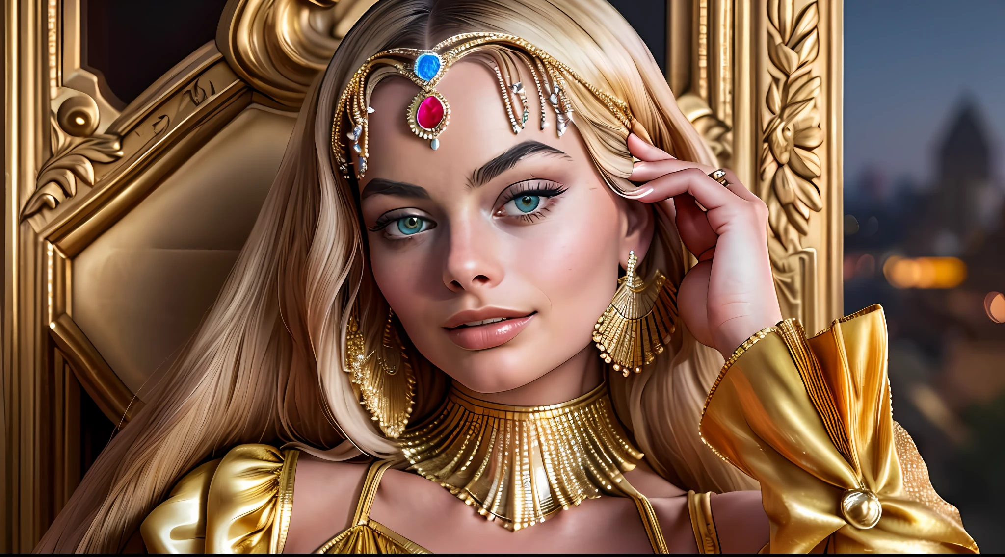 A beautiful high quality photograph of Margot Robbie a beautiful Egyptian wearing gold couture posing for haute couture, she is distinctive and regal, she commands the photograph with her expression and clothing, the fabrics are premium and beautiful, she is confident and strong, the hands are face is realistic, she is serving face, the image is inspiring for women, beautiful artistic talent, the photograph is intrusive, photographic moneyshot, taken with Canon EOS R5, 24 – 70mm f/2. 8 lens, perfect anatomy, hands with 4 fingers and 1 thumb, rendered in 8K resolution for high quality detail, 8K image quality, 8K high resolution image, hyper detailed, super realistic, intricate details