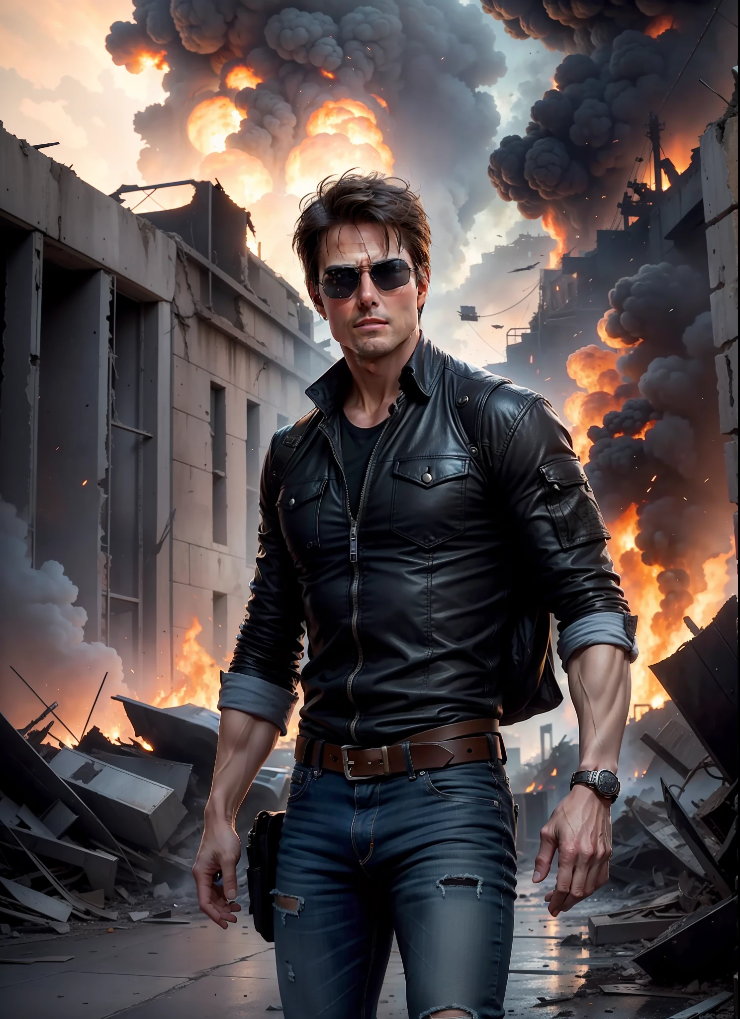 tom cruise, sunglasses, jeans, 1 belt, holster, long black cover, just one body, in the ruins, explosions behind, fire behind, front view