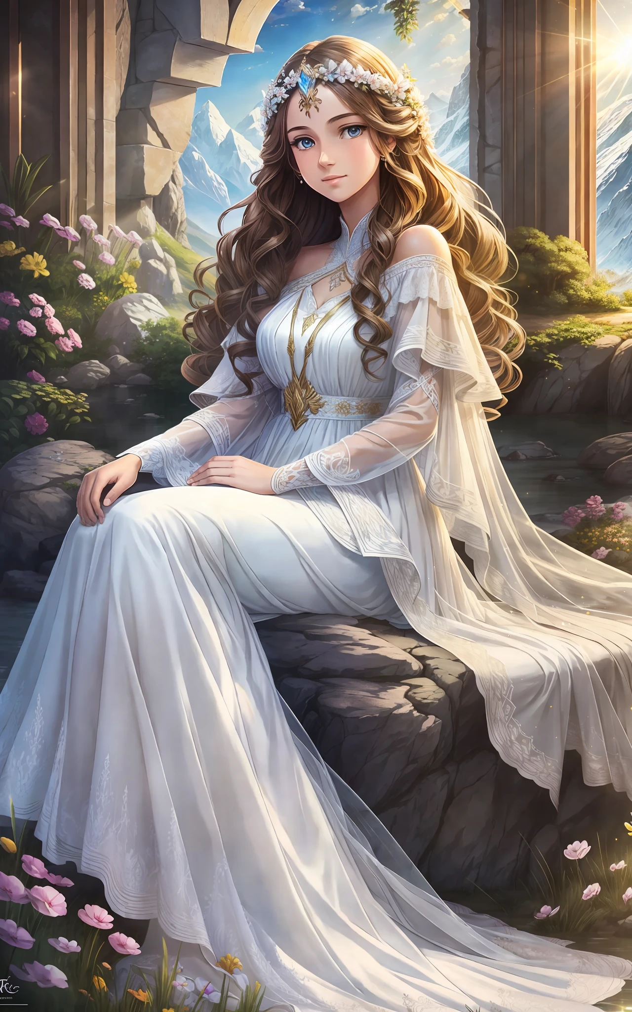 award winning 64k concept art of (1girl:1.2) in white majestic dress sitting on the throne in the mountains, epic, god rays, centered, (masterpiece:1.2), (best quality:1.2), Amazing, highly detailed, beautiful, finely detailed, warm soft color grading, Depth of field, extremely detailed 8k, fine art, stunning, iridescent, shiny, (light reflections:1.2), (crisp:1.5), curls, wind, vibrant, sunlit, (edge detection:1.2)