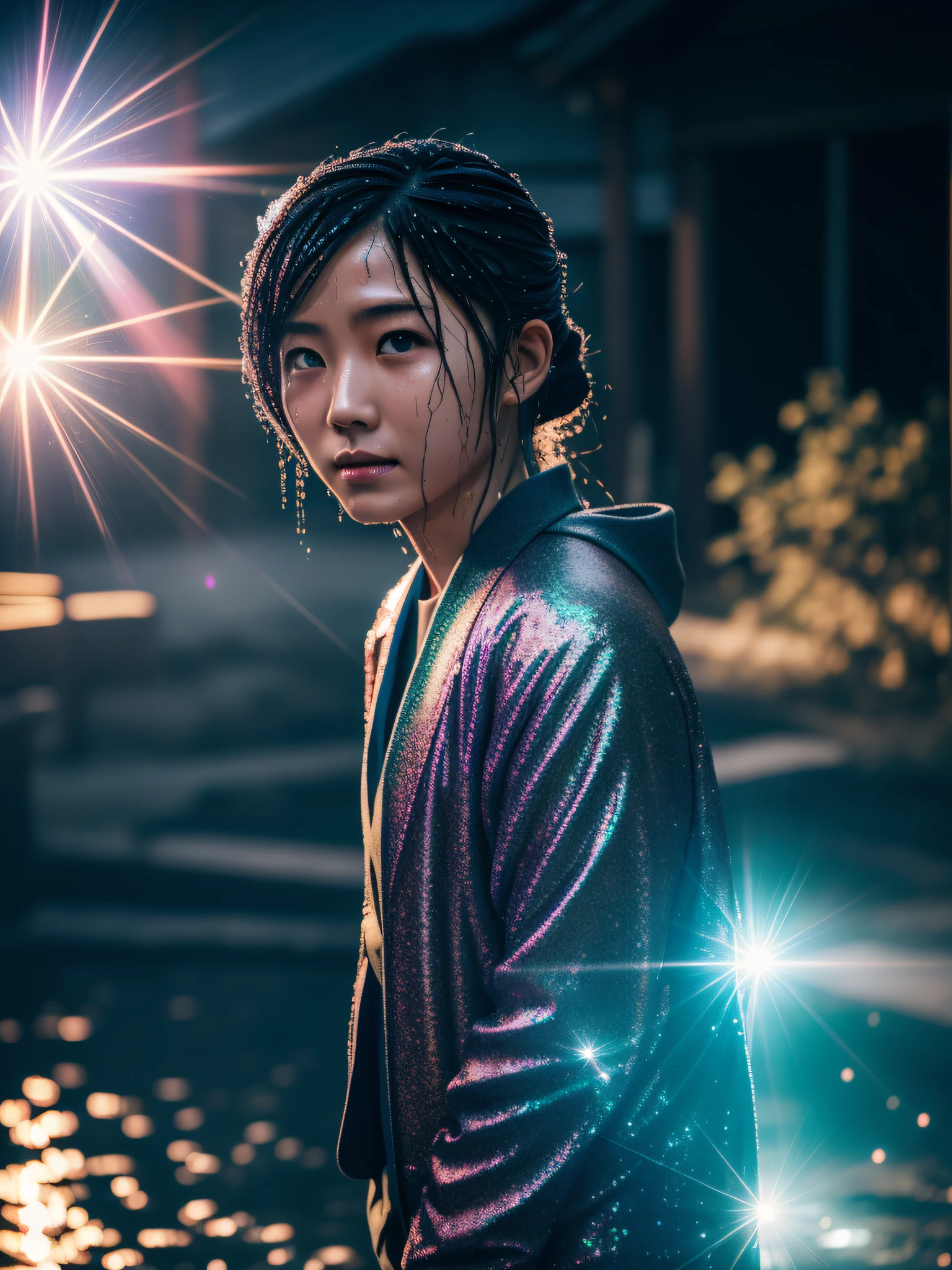 Japanese ghetto, wet, (frontlighting:1.2), (backlighting:0.75), (fill light:0.9), bloom, (light sparkles:1.2), chromatic aberration, (lens flare:1.2),