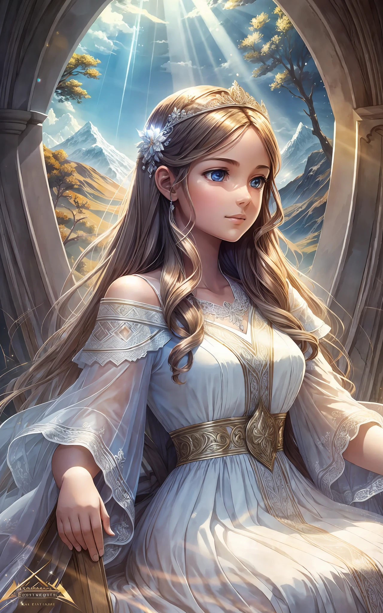award winning 64k concept art of (1girl:1.2) in white majestic dress sitting on the throne in the mountains, epic, god rays, centered, (masterpiece:1.2), (best quality:1.2), Amazing, highly detailed, beautiful, finely detailed, warm soft color grading, Depth of field, extremely detailed 8k, fine art, stunning, iridescent, shiny, (light reflections:1.2), (crisp:1.5), curls, wind, vibrant, sunlit, (edge detection:1.2)