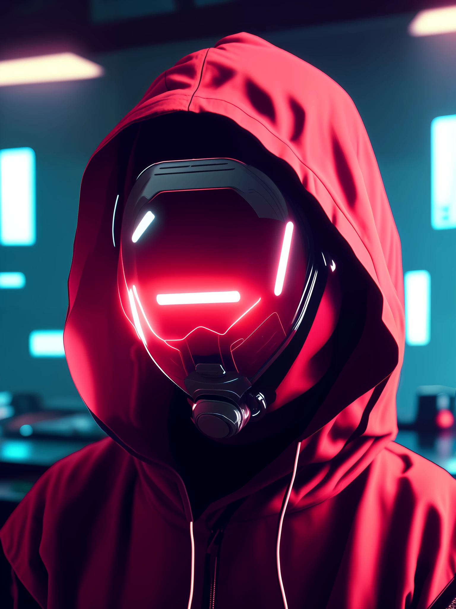 NeonNinja style, a close up of a person wearing a red hood there is a large ball in the middle of a room, a close up of an electronic device on a table
