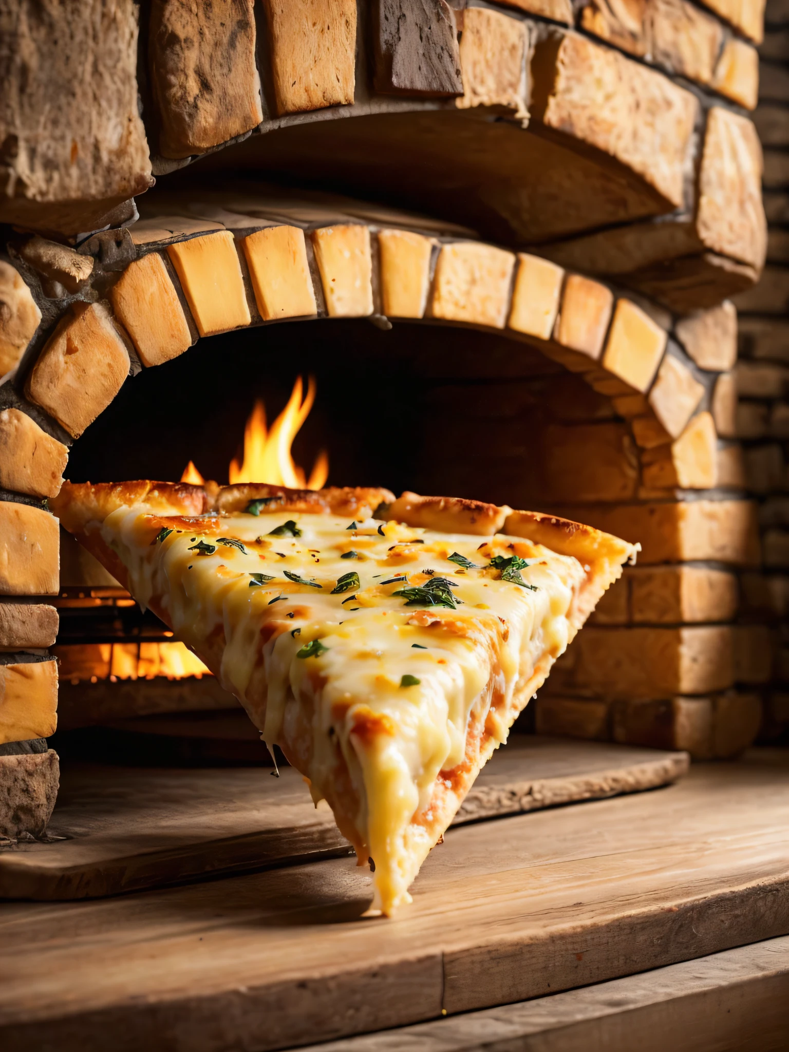 Macro photo of a slice of delicious cheese pizza in front of a stone oven, close-up, wood oven, light the fire, food photography, advertising photography, crisp macro quality, warm colors, soft light, extremely detailed, gorgeous, establishment shot, artistic, hyperrealistic, octane rendering, cinematic lighting, dramatic lighting, masterpiece, blatant light, extremely detailed and cozy