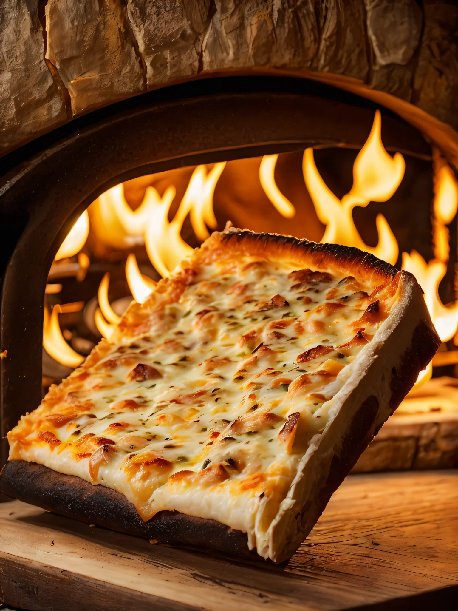 Macro photo of a slice of delicious ???????????? in front of a stone oven, close-up, wood oven, light the fire, food photography, advertising photography, crisp macro quality, warm colors, soft light, extremely detailed, gorgeous, establishment shot, artistic, hyperrealistic, octane rendering, cinematic lighting, dramatic lighting, masterpiece, blatant light, extremely detailed and cozy