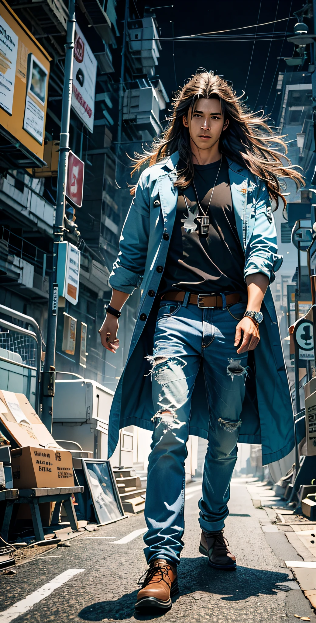 masterpiece, best quality, highly detailed, photorealistic, cyberpunk style, modelshoot style, (full body portrait of a boy with brown eyes:1.2) BREAK in a futuristic cyberpunk city street BREAK (long  hair flowing in the wind:1.2) BREAK (long overcoat:1.1) BREAK (puffy blue jean pants:1.1) BREAK black shirt BREAK outdoors, blue sky, green grass BREAK (outdoors:1.2)