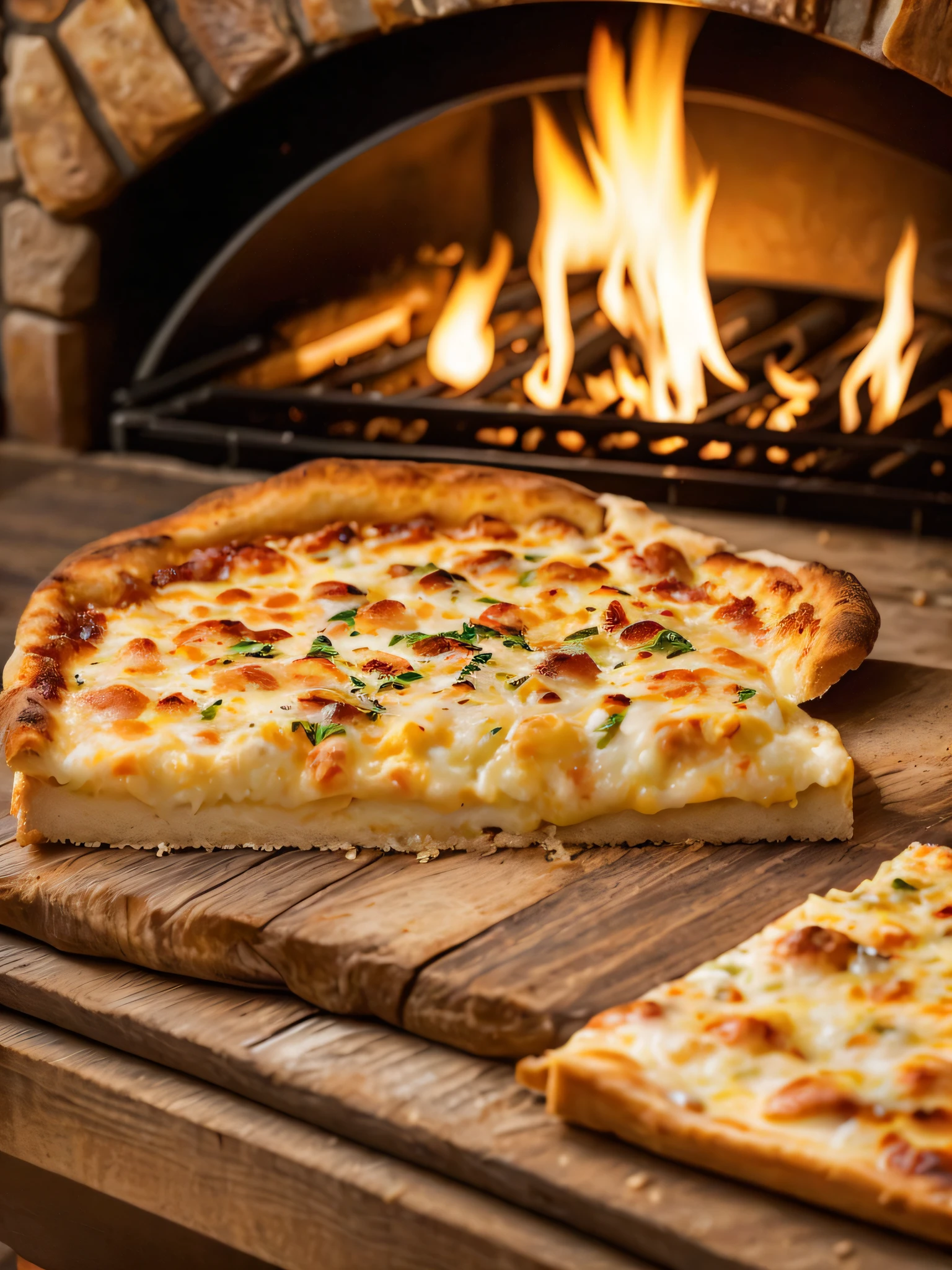 Macro photo of a slice of delicious cheese pizza in front of a stone oven, close-up, wood oven, light the fire, food photography, advertising photography, crisp macro quality, warm colors, soft light, extremely detailed, gorgeous, establishment shot, artistic, hyperrealistic, octane rendering, cinematic lighting, dramatic lighting, masterpiece, blatant light, extremely detailed and cozy