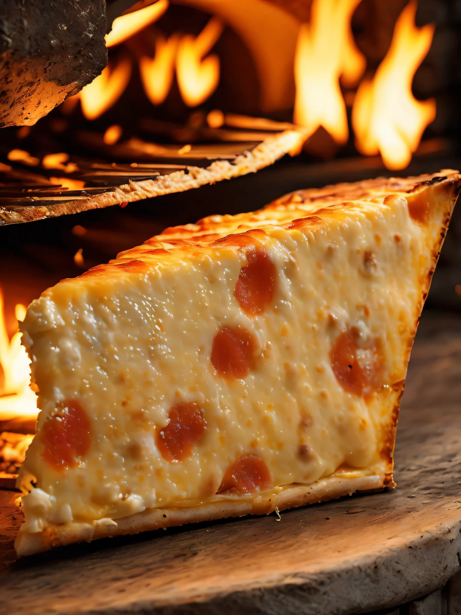 Macro photo of a slice of delicious ???????????? in front of a stone oven, close-up, wood oven, light the fire, food photography, advertising photography, crisp macro quality, warm colors, soft light, extremely detailed, gorgeous, establishment shot, artistic, hyperrealistic, octane rendering, cinematic lighting, dramatic lighting, masterpiece, blatant light, extremely detailed and cozy