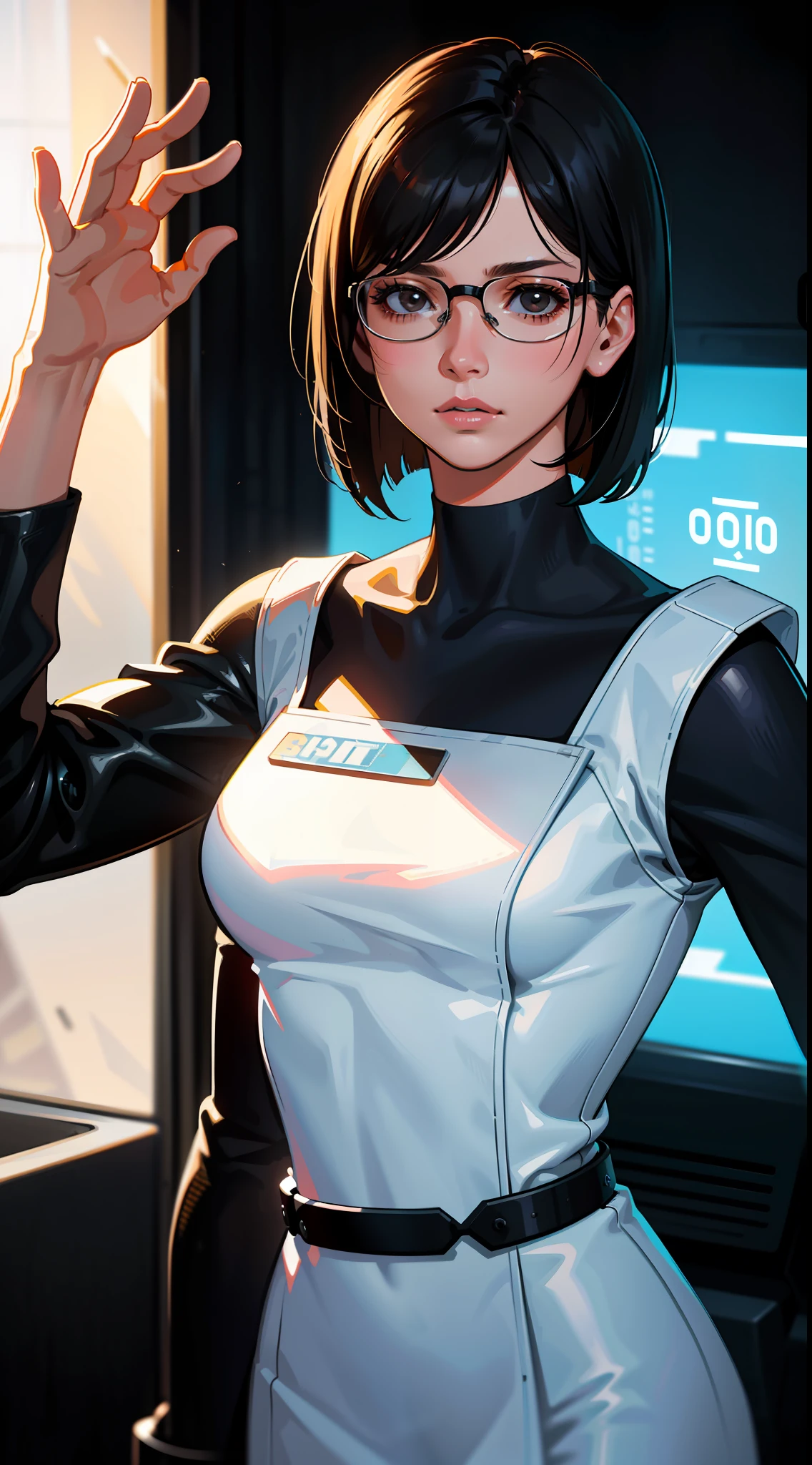 Science Fiction, Sci-Fi, Science Fiction Movies, Concept Art, 1984 Movie Reference, Rebel Story, 30-Year-Old Woman, Adult, Brown Eyes, Black Bob Short Hair, Eyeglasses, Black Hair, Dark Eyes, (Black Eyes), (White Dress), Medical Uniform, Realistic Facial Resolution, Realistic Texture, Object Resolution