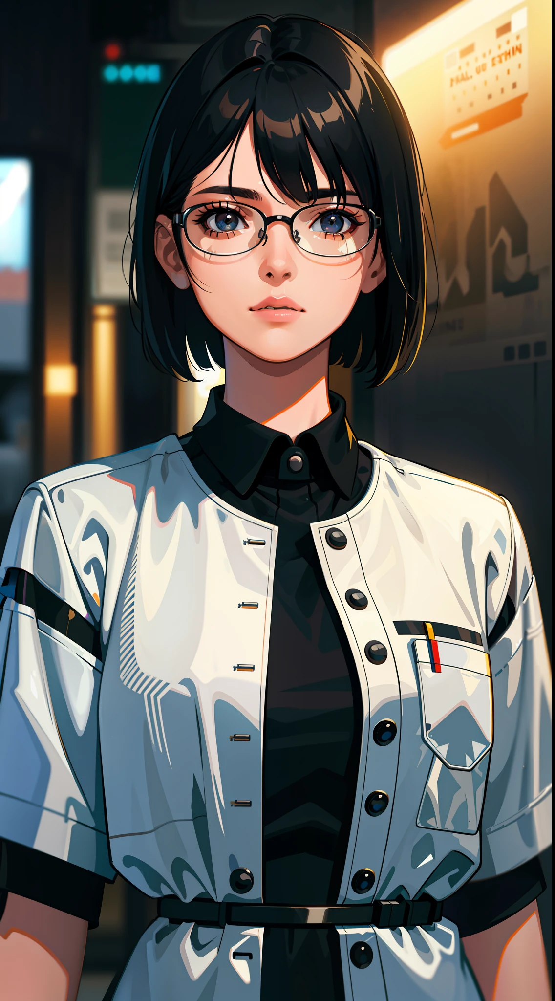 Science Fiction, Sci-Fi, Science Fiction Movies, Concept Art, 1984 Movie Reference, Rebel Story, 30-Year-Old Woman, Adult, Brown Eyes, Black Bob Short Hair, Eyeglasses, Black Hair, Dark Eyes, (Black Eyes), (White Dress), Medical Uniform, Realistic Facial Resolution, Realistic Texture, Object Resolution