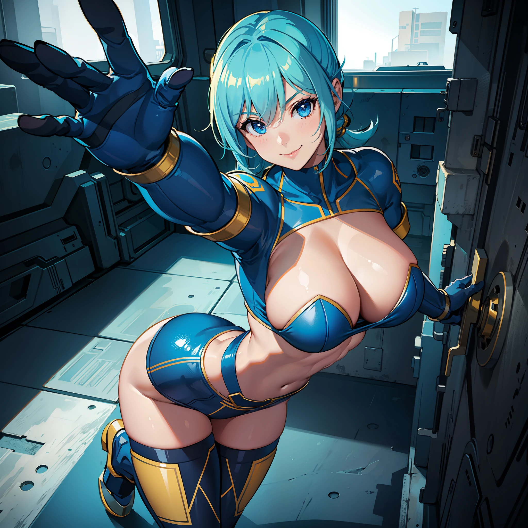 vault_girl, 8k, hand on hip, smile, 1girl, solo, huge breasts, retro artstyle, fallout, vault_suit