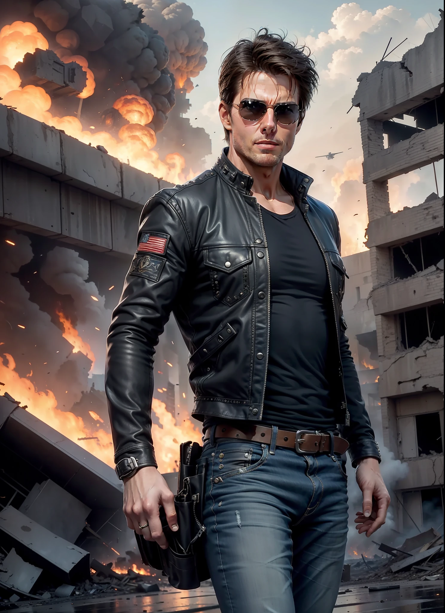 tom cruise, sunglasses, jeans, 1 belt, holster, rivets, long black cover, just one body, in the ruins, explosions behind, fire behind, front view