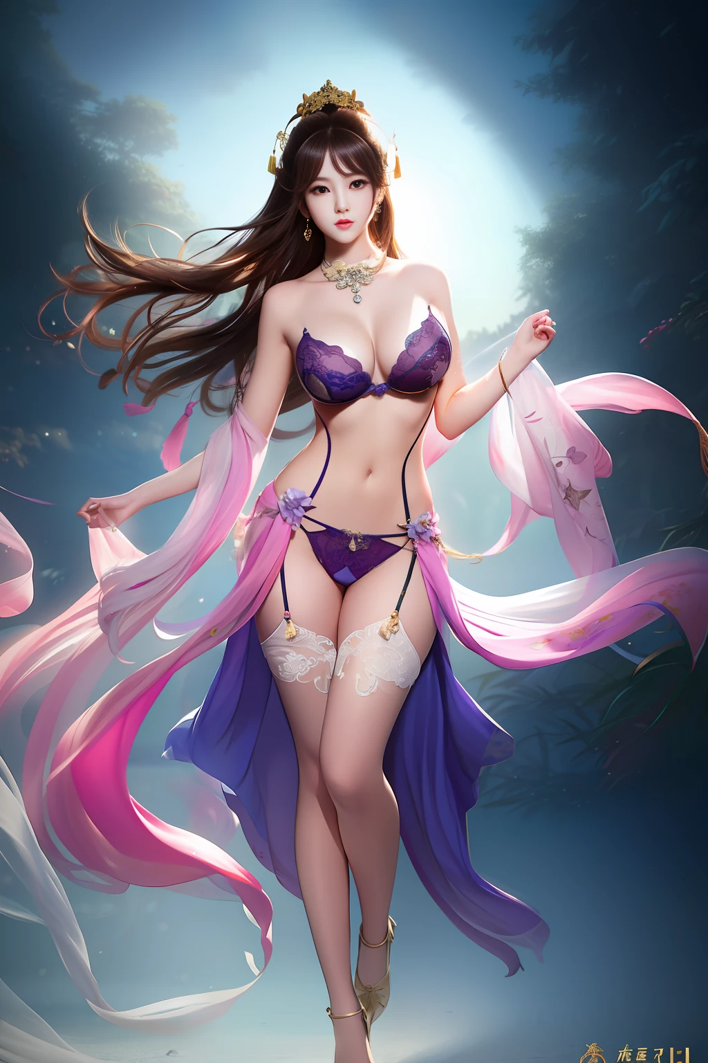best quality, masterpiece, Beautiful face,1girl, long_hair, whole body, hair ornament, necklace, jewelry, earrings, exquisite facial features, exquisite hair, Seduce your eyes, perfect skin, beautiful lips, Girls aged 20 to 23，young girl,（The body of desire)，large breasts, wind,（seductive expression）, attractive figure, sexy posture, breasts out, puffy, Beautiful thighs, high-heeled shoes，Chinese style, bangs,（Tongue out），((perfect female figure))，Hands behind your back，(masterpiece:1.0), (best quality:1.4), (ultra highres:1.2),4K quality, (delicate illustration:1.4),(8k, RAW photo:1.2),soft focus,(sharp focus:1.4), vibrant colors,high quality, high contrast,gorgeous light and shadow,(best quality),(Japanese:0.5),(korean:0.8), (Liu Yi Fei:1.5), (nipple slip:0.5), (lingerie:1.2), photo realistic, upon_body, tyndall effect, photorealistic, dark studio, rim lighting, two tone lighting, (high detailed skin:1.2), 8k uhd, dslr, soft lighting, high quality, volumetric lighting, candid, Photograph, high resolution, 4k, 8k, Bokeh, (nipple slipped:1.4)