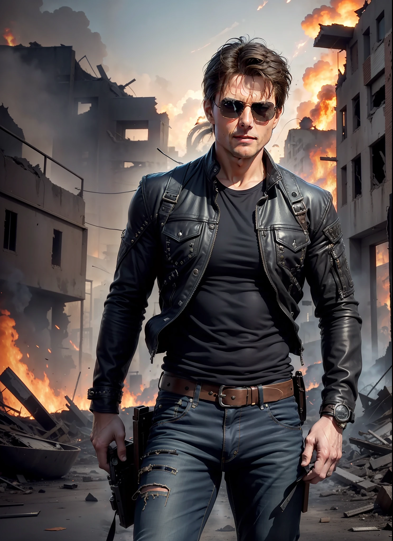 tom cruise, sunglasses, jeans, 1 belt, holster, rivets, long black cover, just one body, in the ruins, explosions behind, fire behind, front view