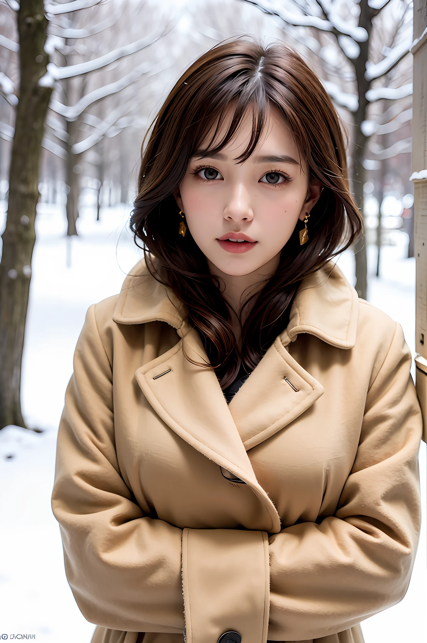 1 girl, bare_tree, brown_eyes, brown_hair, building, coat, cross_earrings, earrings, fur, fur trimmed_coat, fur_collar, fur_scarf, fur_trim, jewelry, lips, shorthair, looking_at_viewer, outdoors, snow, snow, solo, tree, upper_body, Winter, winter_clothes, detailed_eyes,Big breasts, arms close together, Chest facing camera, Big, Ears out, Golden ratio face, Golden ratio body, Best quality, Ultra high definition, Bangs