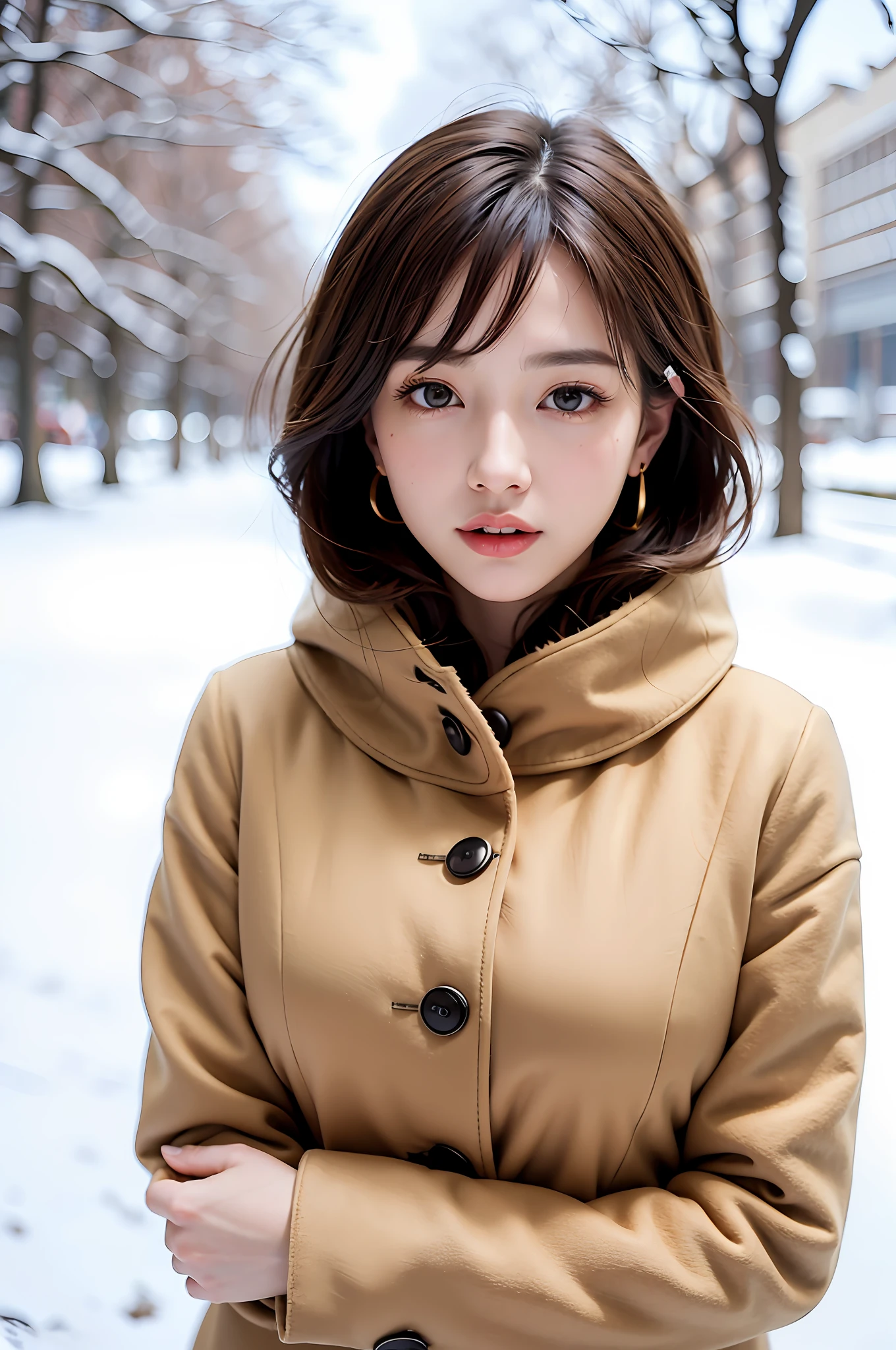 1 girl, bare_tree, brown_eyes, brown_hair, building, coat, cross_earrings, earrings, fur, fur trimmed_coat, fur_collar, fur_scarf, fur_trim, jewelry, lips, shorthair, looking_at_viewer, outdoors, snow, snow, solo, tree, upper_body, Winter, winter_clothes, detailed_eyes,Big breasts, arms close together, Chest facing camera, Big, Ears out, Golden ratio face, Golden ratio body, Best quality, Ultra high definition, Bangs