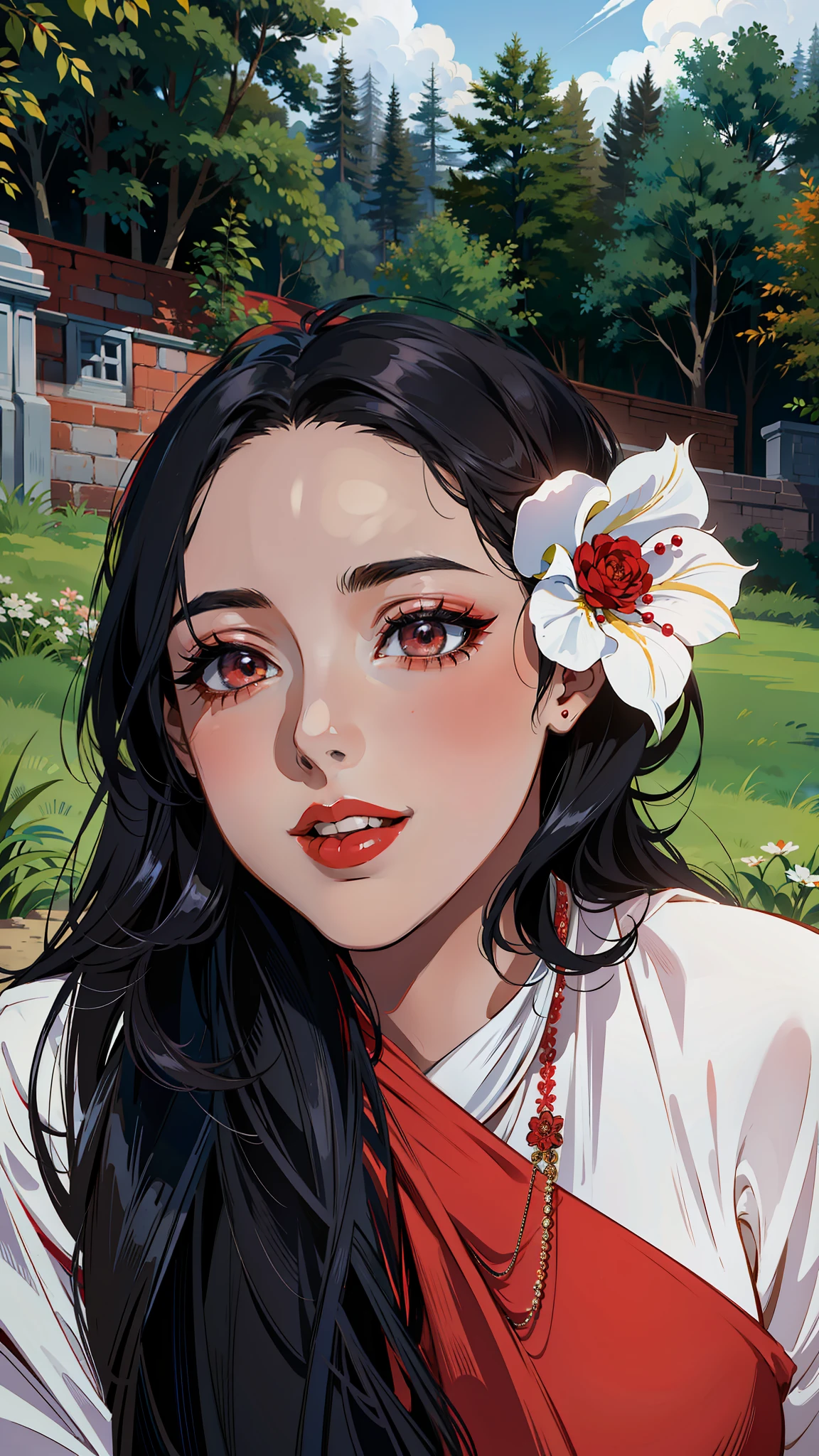 (masterpiece),(best quality:1.0), (ultra highres:1.0), detailed illustration, 8k, anime, 1girl, beautiful anime girl, wearing a white and red saree, beautiful saree, intricate details, black eyes, detailed eyes, black hair, detailed hair detailed, highlights on hair, smiling, matte red lipstick, red lips, anime style, best quality, detailed