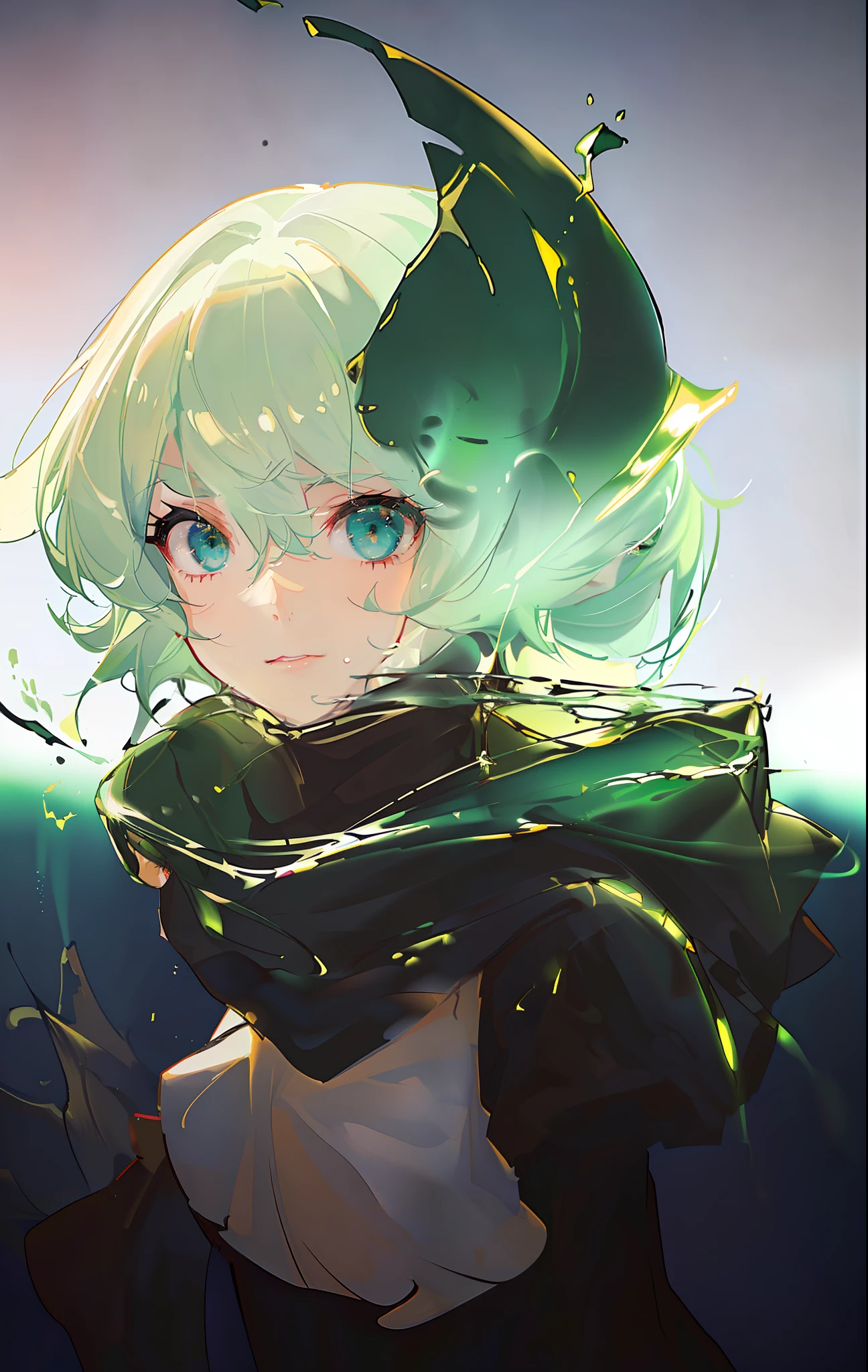 Dark green main tone, anime girl, anime, dark green hair, black gold wire rimmed hood, short hair, curly hair, lively, cute, water clear is shallow, water green is deep, water black is abyss, water, ocean, abyss, black box, black box object, black box representative or symbol, anime girl close-up, various expressions