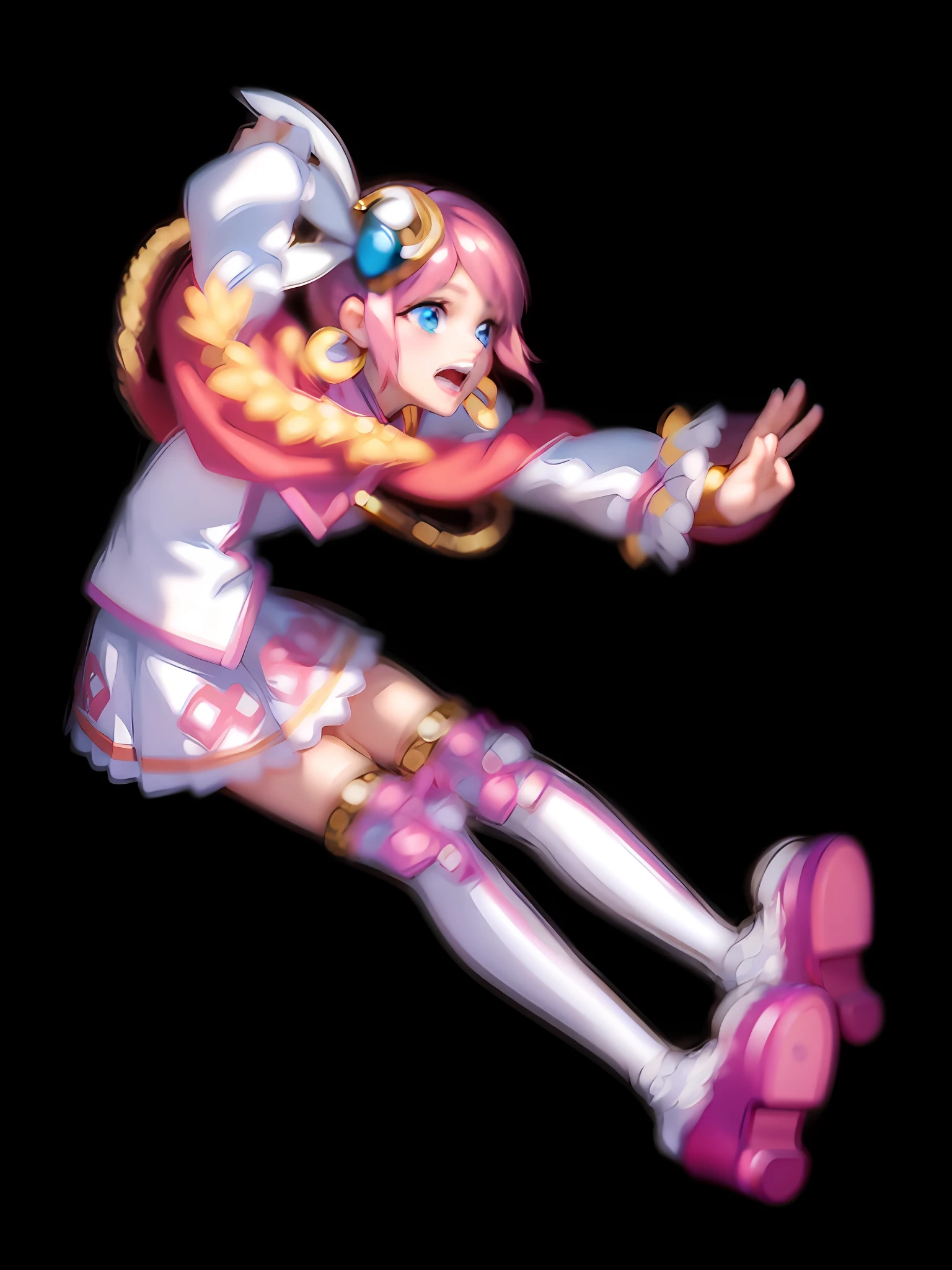 Masterpiece 8K wallpaper by QuickHand and Lora. The cute girl on the screen opens her mouth and shouts, her small mouth, her palm waves forward, her single ponytail and pink hair (1.3) flutter gently, her blue eyes, and her beautiful eyes. She wears a white long-sleeved shirt and pink skirt with over-the-knee socks (1.2), delicate headdress, and white boots (1.2). Beautiful legs (1.2) are even more attractive against the background of pure white.