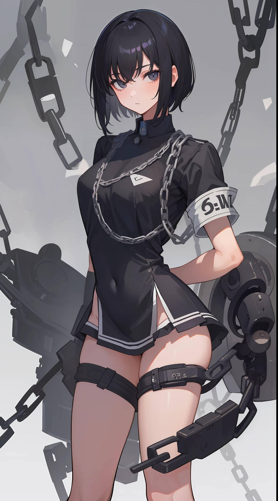 1mysterious girl, wearing a highschool uniform and a black eyes, short black hair and her body was bound by divine chains.