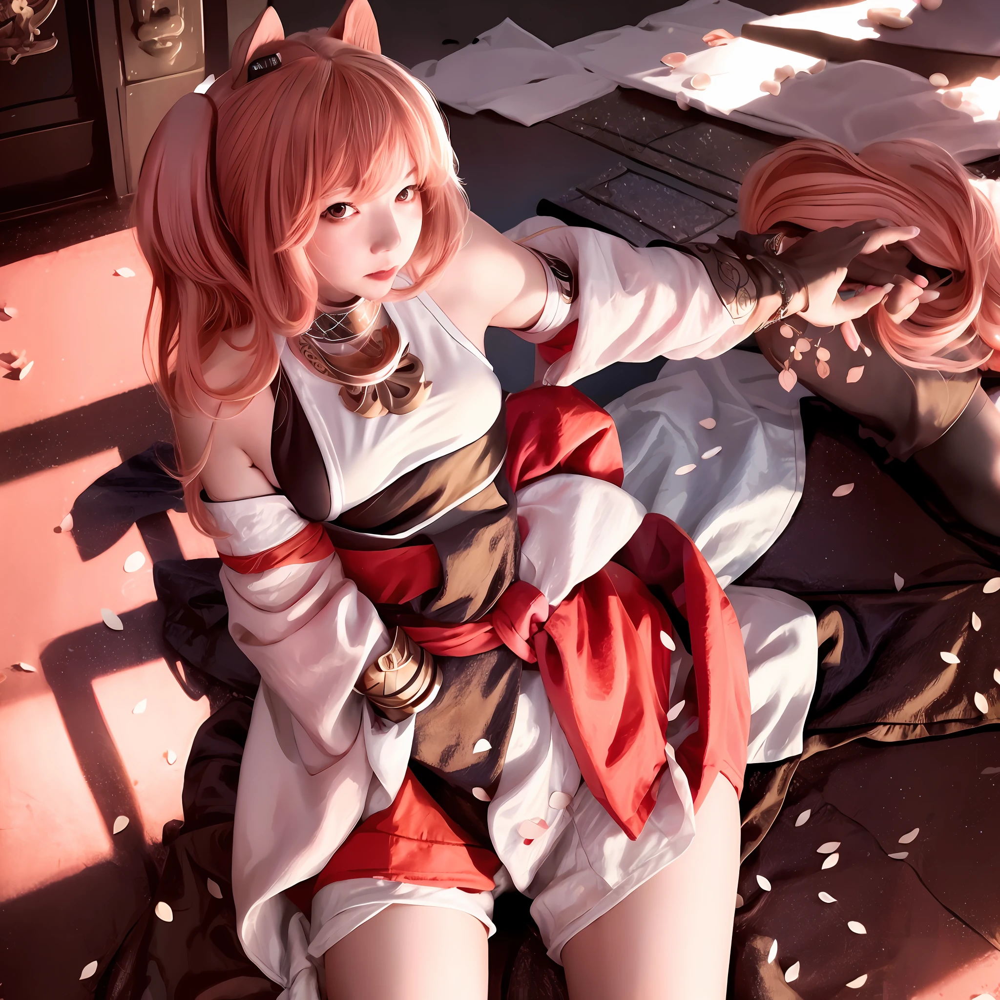 Realistic eyes, detailed shadows, looking at the audience, dog ears, detailed lighting, (detailed hair, realistic hair, realistic lighting, realistic shadows, realistic clothing), realistic skin, (gun on the waist: 1), realistic light reflection from above, ((behind arms)), (behind hands), bandeau, sexy, night, stockings, big breasts, big breasts, cherry blossoms, white skirt, white skirt, full body, Japanese shrine, pink filter