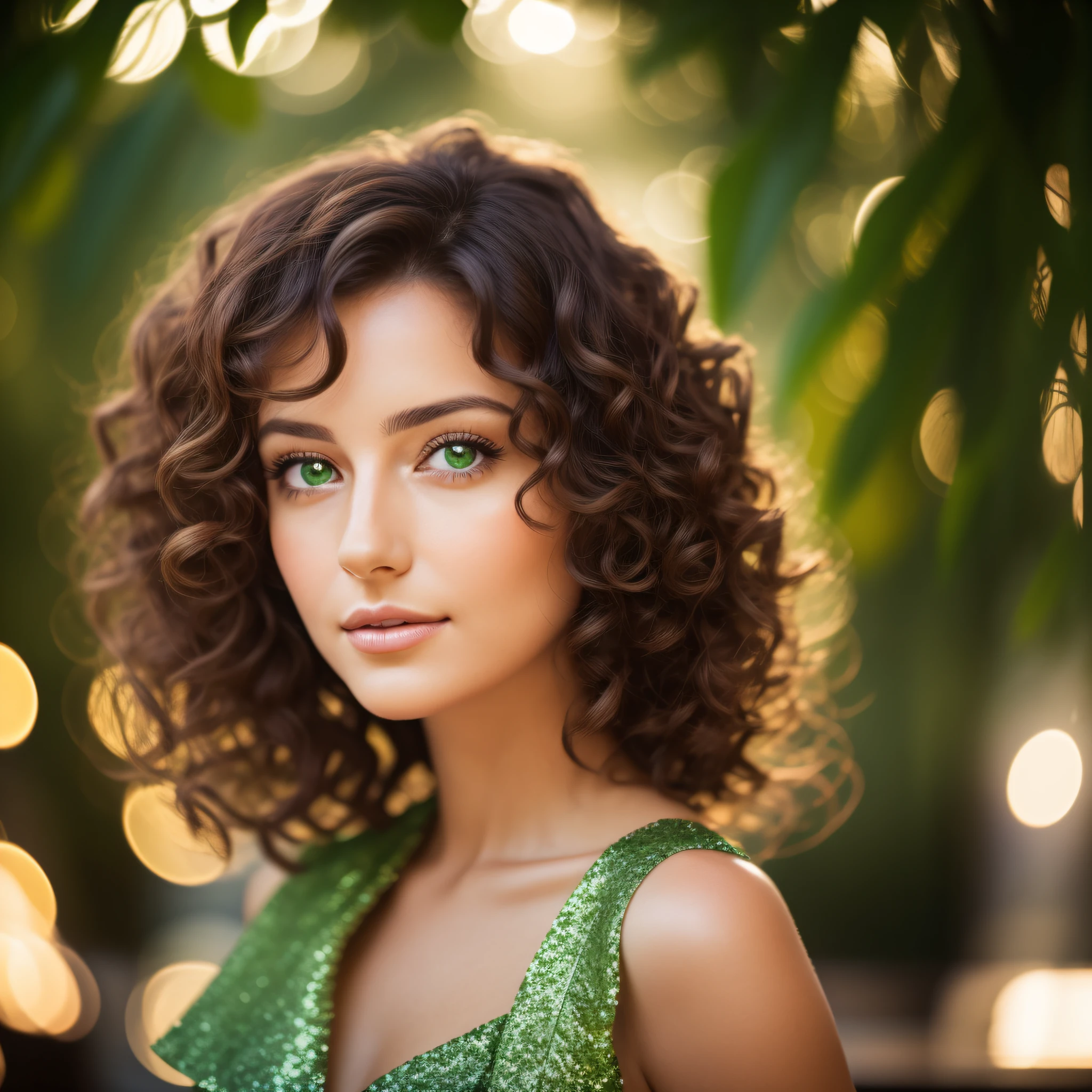 1 woman, masterpiece, depth-of-field, look at the camera, blanche brune brunette curly hair beautiful green eyes hair style leaf night cafe portrait style vert wife yeux bouclés charming girl night cafe studio night cafe creator nature, (frontlighting:1.2), (backlighting:0.75), (fill light:0.9), bloom, (light sparkles:1.2), chromatic aberration, (lens flare:1.2)
