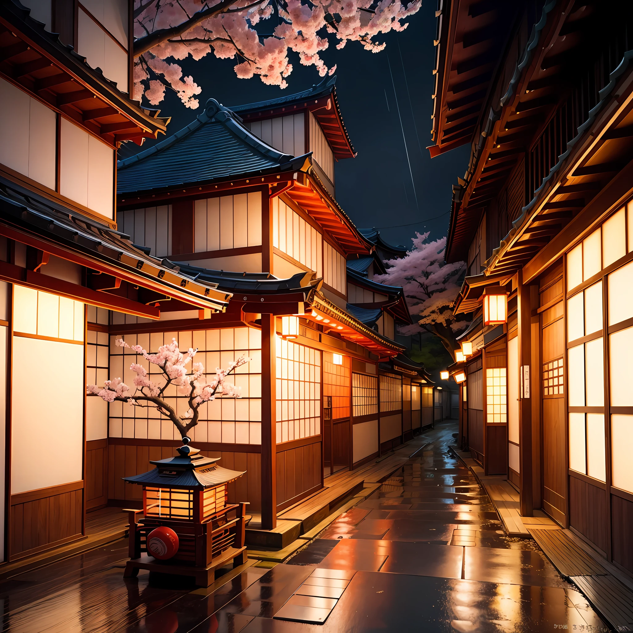 Print, manga, colorful, Japanese lantern, ramen cart, sakura, frame, Osaka, modern Japan with sakura flowers falling in the wind and light rain.
