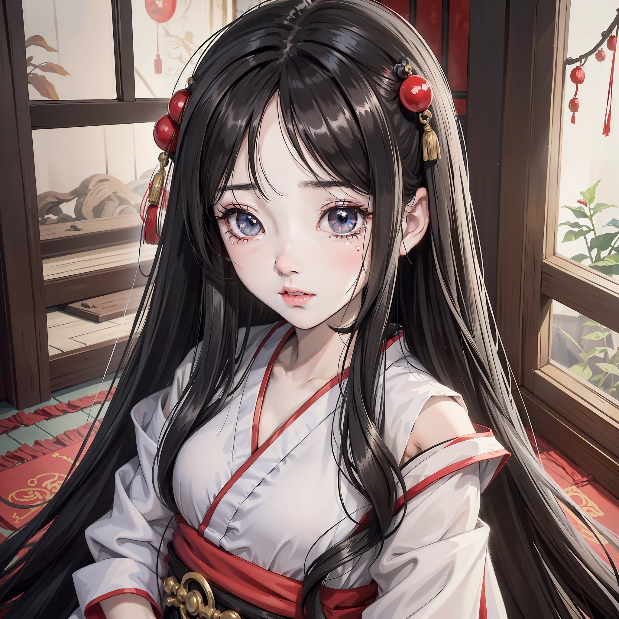 Anime little girl with long black hair and about 10 years old wearing red Hanfu, (crying emoji 1.5) (background is ancient Chinese room 1.5) anime style 4 K, anime rendering, Guvez style artwork, anime style. 8k, Guvitz, Beautiful Anime Girl, Beautiful Anime Face, Cute Anime Girl (Pure Big Eyes 1.5) (Upper Body Display 1.5) (Crystal Beautiful Eyes 1.5) (Poor Milk 1.3) (Baby Little Girl 1.3) (Cinematic Lighting 1.5)