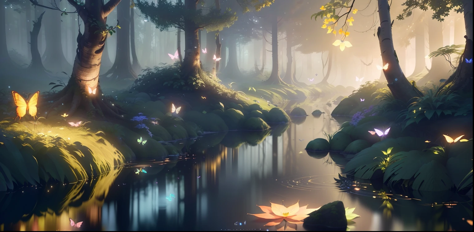 A masterpiece, the best quality, stunning reflections, the best reflections ever. (very detailed CG unity 8k wallpapers), (best quality), (best illustrations), (best shadows), forest theme with natural elements. Tall trees, quiet streams, small glowing mushrooms surrounded by delicate leaves and branches, with fireflies and glowing particle effects,, (natural elements), (jungle theme), (leaves), (twigs), (fireflies), butterflies, (delicate leaves), (glow), (particle effects). , Isometric 3D, Octane Rendering, Ray Traced, Super Detailed