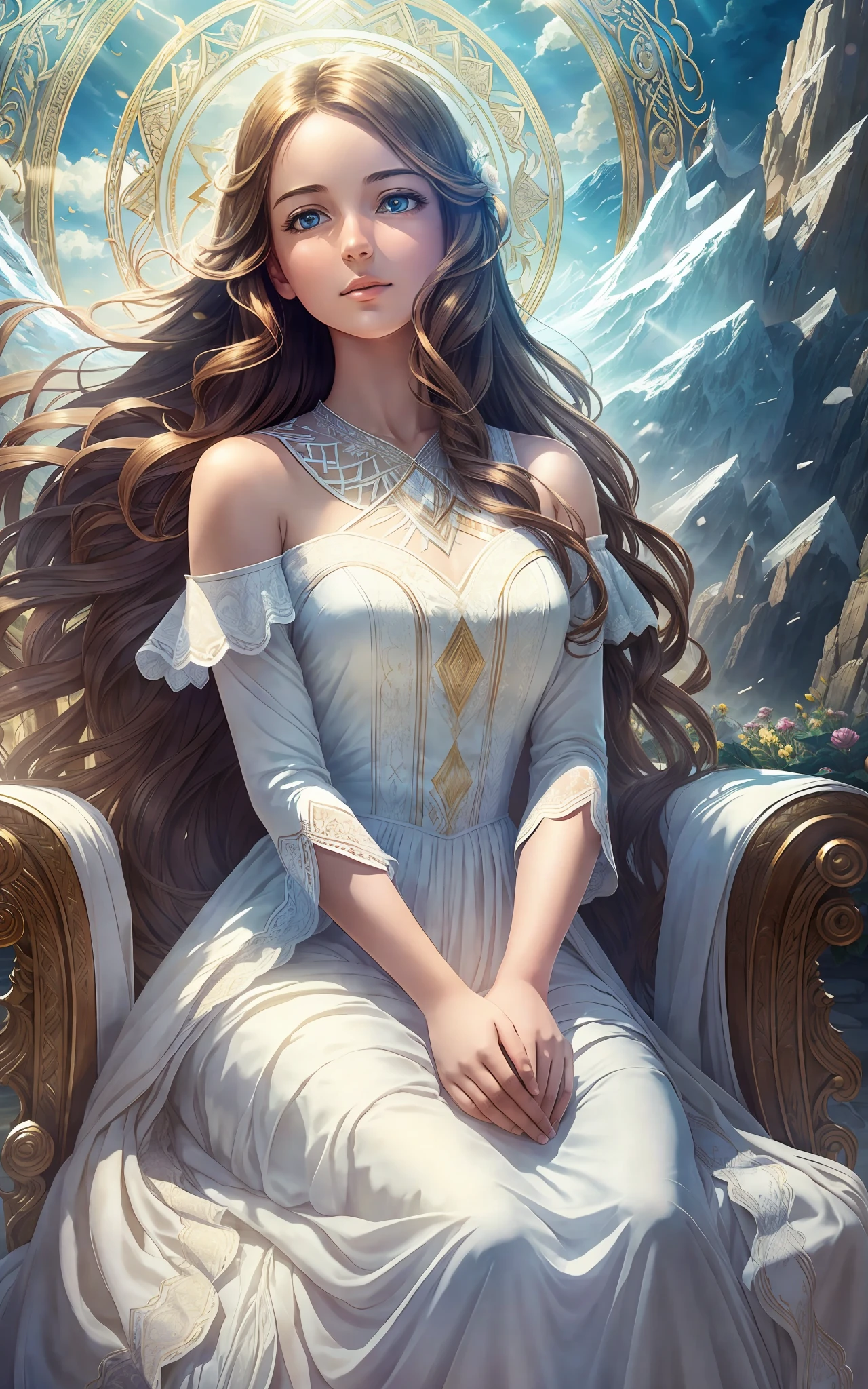 award winning 64k concept art of (1girl:1.2) in white majestic dress sitting on the throne in the mountains, epic, god rays, centered, (masterpiece:1.2), (best quality:1.2), Amazing, highly detailed, beautiful, finely detailed, warm soft color grading, Depth of field, extremely detailed 8k, fine art, stunning, iridescent, shiny, (light reflections:1.2), (crisp:1.5), curls, wind, vibrant, sunlit, (edge detection:1.2)