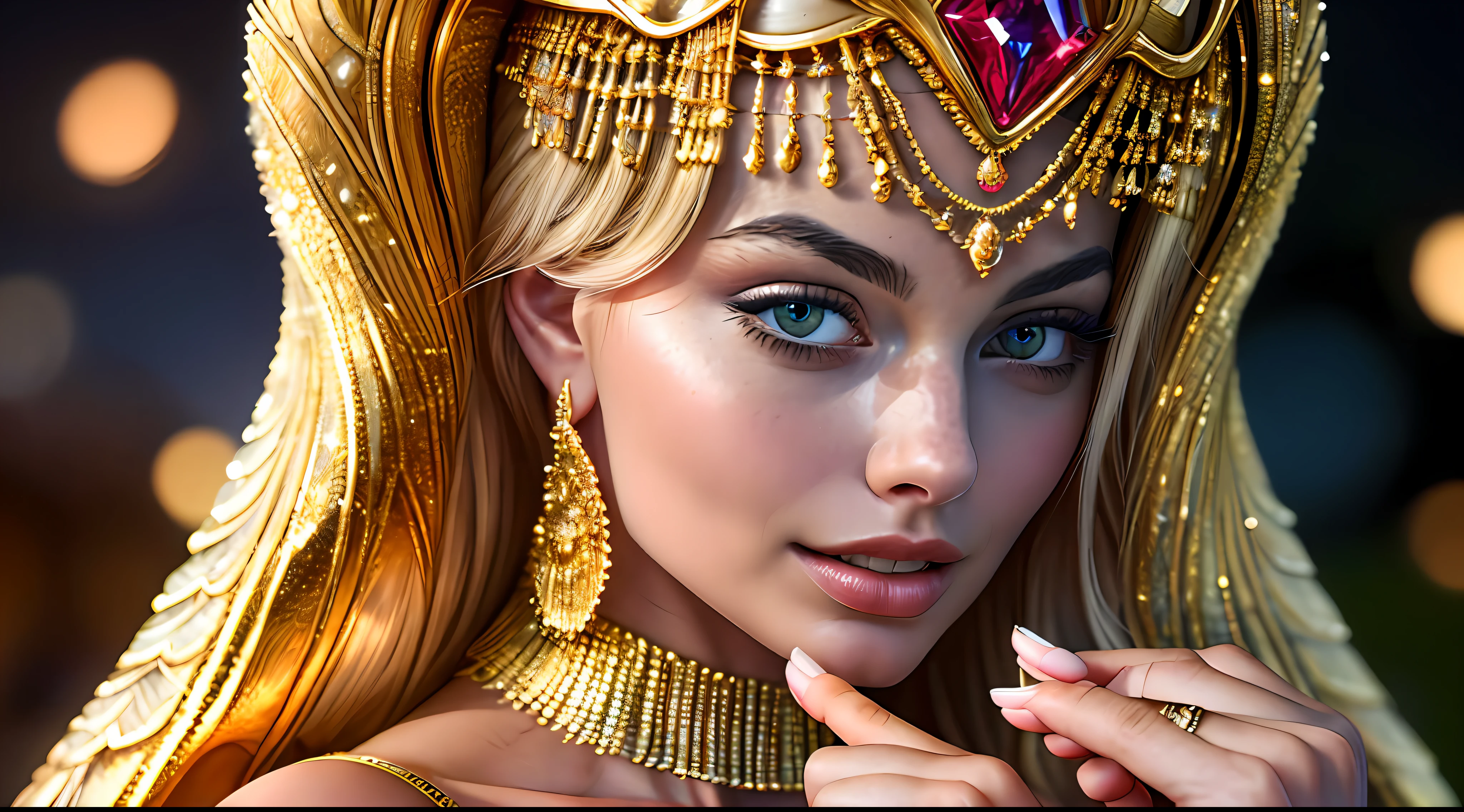 high quality photograph of Margot Robbie a beautiful Egyptian wearing golden haute couture posing for haute couture perfect details, intricate, super detailed, super realistic, 12K, she is distinctive and regal, she commands the photography with her expression and clothing, the fabrics are premium and beautiful, she is confident and strong, the hands are face is realistic, she is serving face,  the image is inspiring to women, beautiful artistic talent, the photography is intrusive, photographic moneyshot, taken with Canon EOS R5, 24 – 70mm f/2. 8 lens, perfect anatomy, hands with 4 fingers and 1 thumb, rendered in 8K resolution for high quality detail, 8K image quality, 8K high resolution image, hyper detailed, super realistic, intricate details