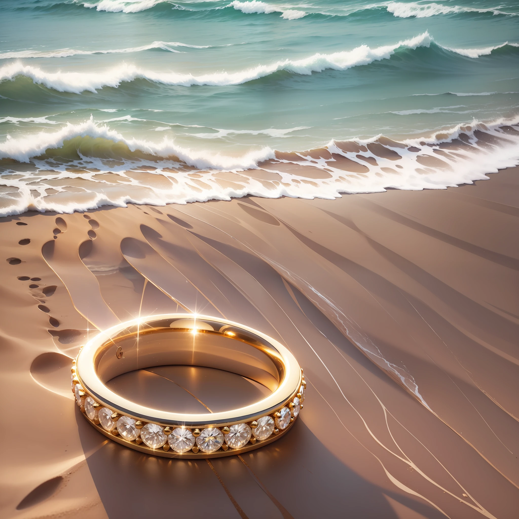 Gold ring with zirconia set in the sand of the beach with the sea in the background --auto --s2