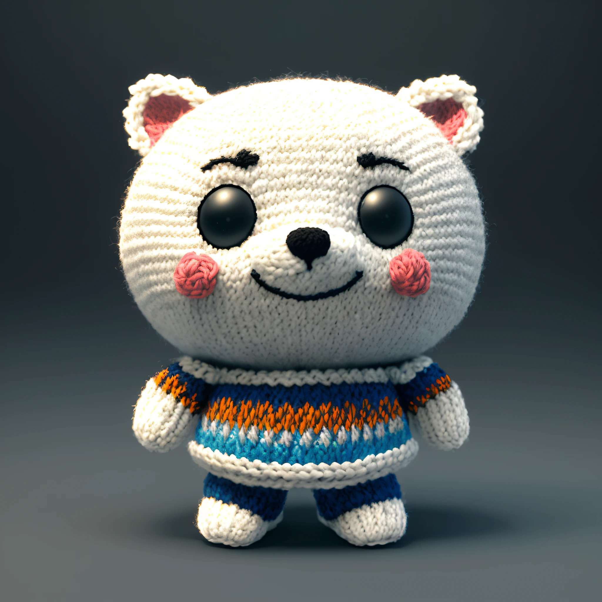 middle range concept  of video game character [bear | hare | hedgehog], thin legs, big head, smiling flat knitted face with eyebrows, (small nose:1.1), big round ears, detailed texture, dynamic pose,  all made from knitted from woolen threads,  fog, intricately detailed, meticulous, magnificent, maximum details, extremely hyper aesthetic, correct shadows, hdr, (dim pale light:1.2), vignette, HDR, dusk atmosphere, Unreal Engine 5, style of Little Big Planet, Octane Render, digital art,