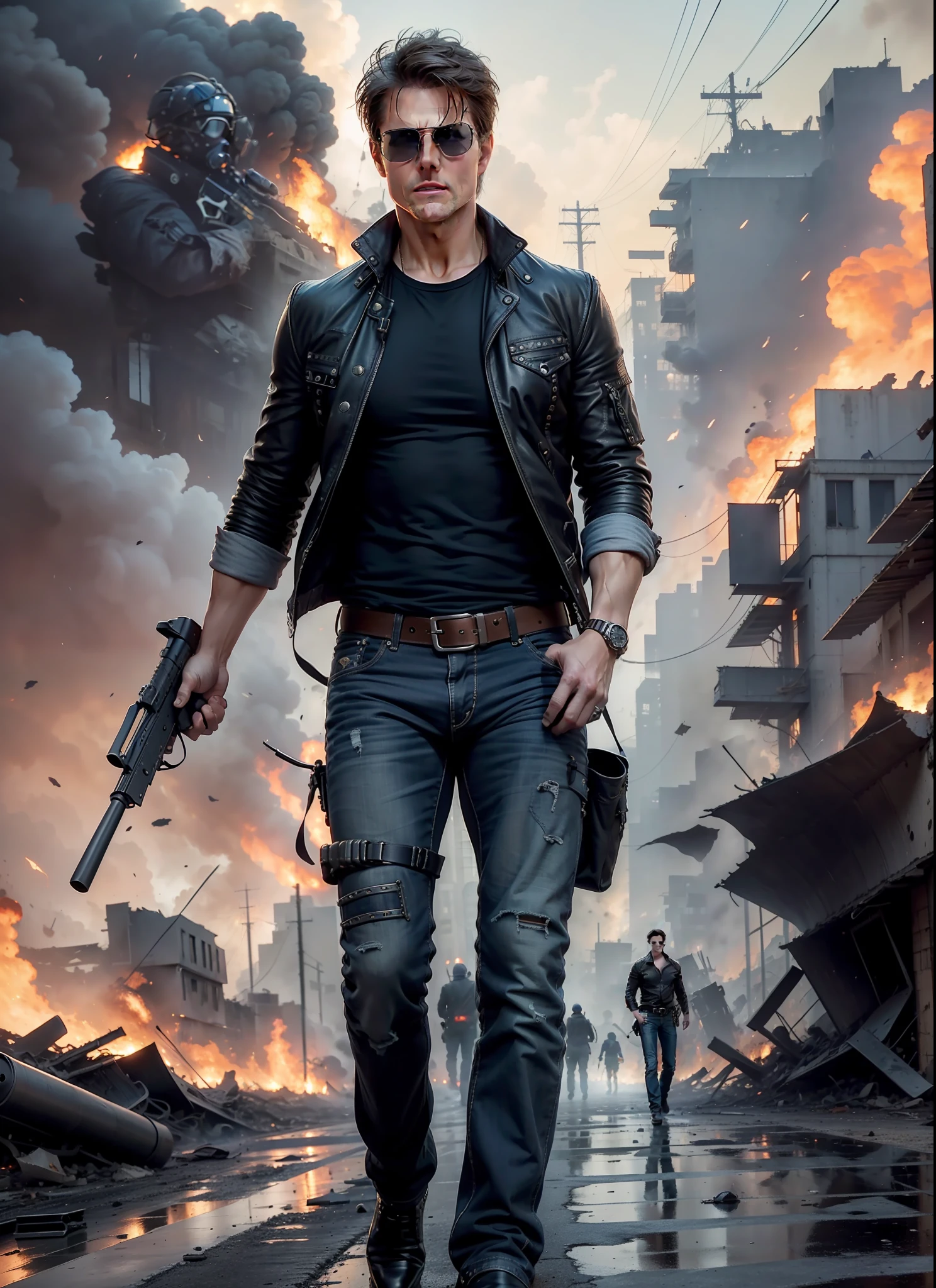 Tom Cruise, Sunglasses, Jeans, 1 Belt, Holster, Rivets, Long Black Cover, Just One Body, Big Gun in Hands, In Ruins, Explosions Behind, Fire Behind, Front View
