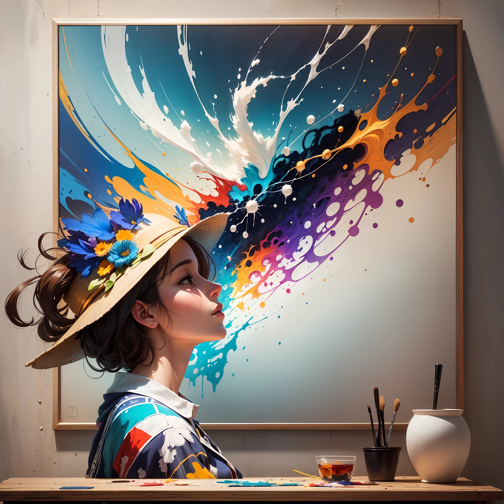 "(Masterpiece, best quality) A creative person emerging many ideas from his mind in a work of art, delicate brushstrokes, vibrant colors, abstract background and dramatic lighting. " --auto --s2
