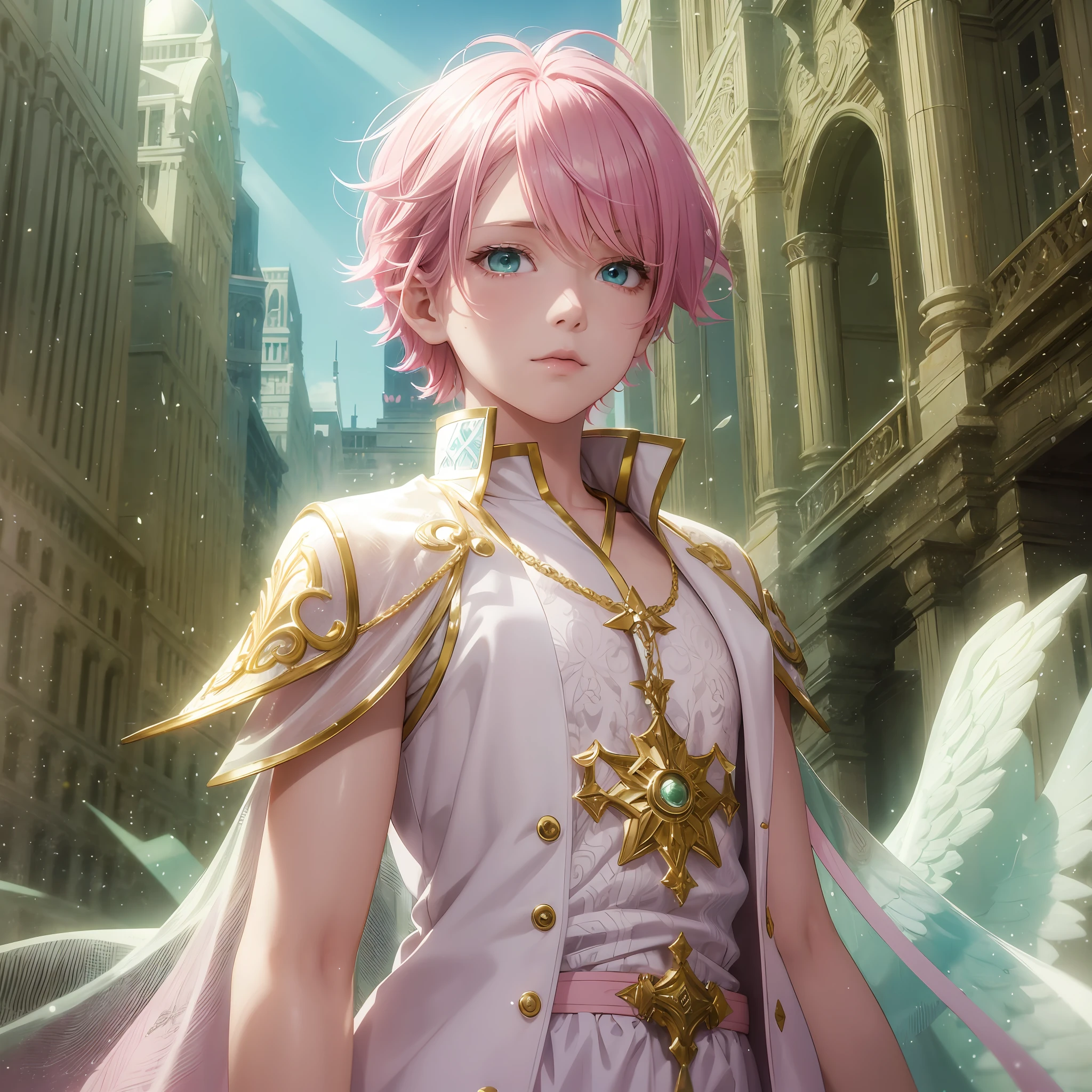 1boy, pink hair, short hair, green eyes, detailed eyes, angel, white clothing, golden adornments, rays of light, city of angels, fantasy --auto --s2