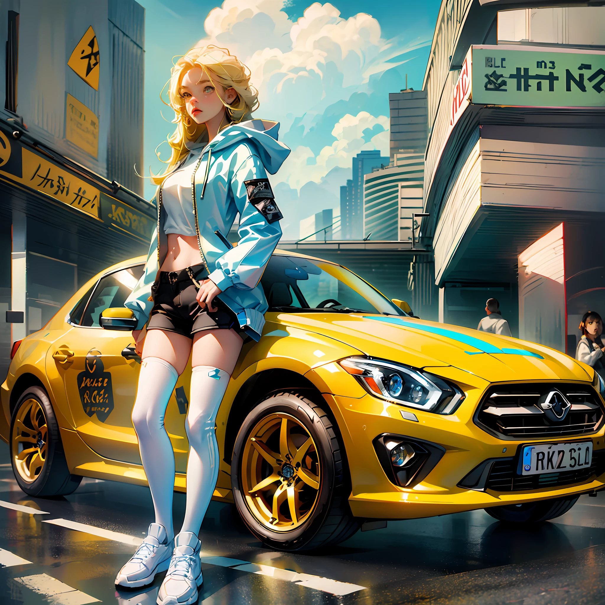 absurdres, ((masterpiece, best quality)),extremely_detailed_wallpaper, illustration,1girl,(girl:1.5),standing, (fullbody), [car],(yellow car:1)solo, (girl stand in front of car:1.5),sitting ,(blonde hair),(yellow hair) ,long hair,looking at viewer,bright,beautiful detailed sky,cloudy sky,city,light,motor vehicle,ground vehicle, sports car,vehicle focus, legs,(white thighhighs),(white footwear),denim shorts, (gray hoodie), Negative prompt: (worst quality, low quality:1.4),nsfw,(bad_prompt),cropped,text,jpeg artifacts,signature,watermark,username,blurry,artist name,trademark,title,muscular,sd character,multiple view,Reference sheet,long body,malformed limbs,cloned face,malformed,mutated,bad anatomy,disfigured,bad proportions,duplicate,bad feet,artist name,extra limbs,ugly,fused,text font ui,missing limb,extra legs, extra arms, EasyNegative
Steps: 19, ENSD: 31337, Size: 600x400, Seed: 1342907544, Sampler: DPM++ SDE Karras, CFG scale: 7, Clip skip: 2, Model hash: e714ee20aa, Hires upscale: 2.5, Hires upscaler: SwinIR_4x, Denoising strength: 0.55 --auto --s2