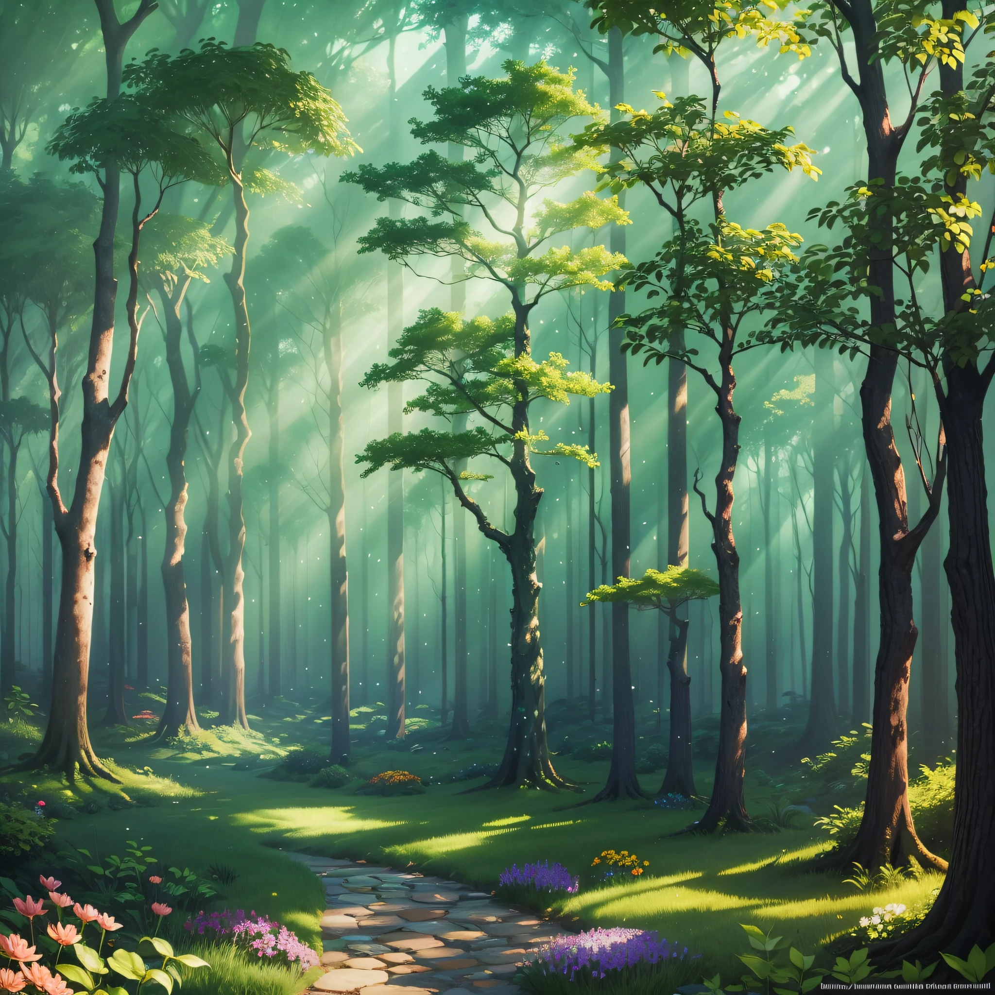 Create an enchanted forest with tree of bright leaves and strong daylight and plenty of flowers cheerful weather --auto --s2