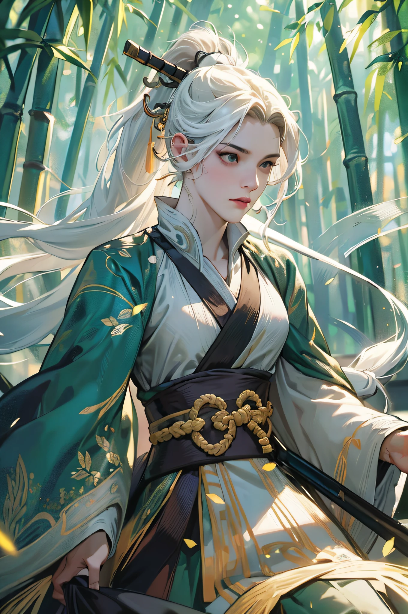 (Best Quality), (Realisticity: 1), Realistic Skin Texture, Highly Detailed, 8k Wallpaper, Masterpiece, Ultra Detailed, Detailed Facial Features, Volume Lighting, Dynamic Lighting, Bust Shot, 1 Man, Man, Bamboo Forest, Long White Hair, Ponytail, Green Headdress, Long Sword Held, Bamboo Leaves Falling, Hazy Smoke, Black Hanfu, Long Sword in Hand, Movie Lighting, Dynamic Perspective,