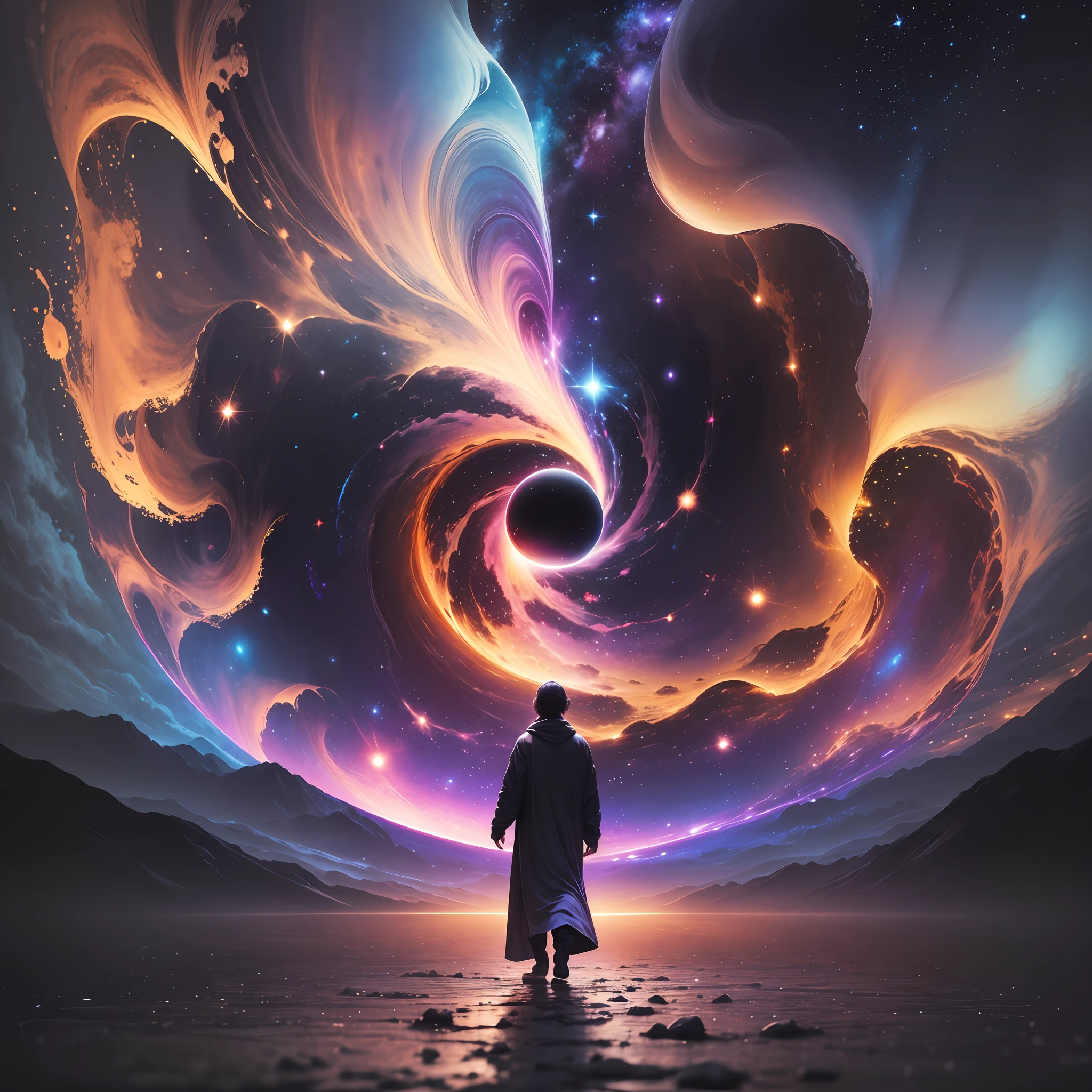 a cosmic being walking around a black hole in the universe --auto --s2