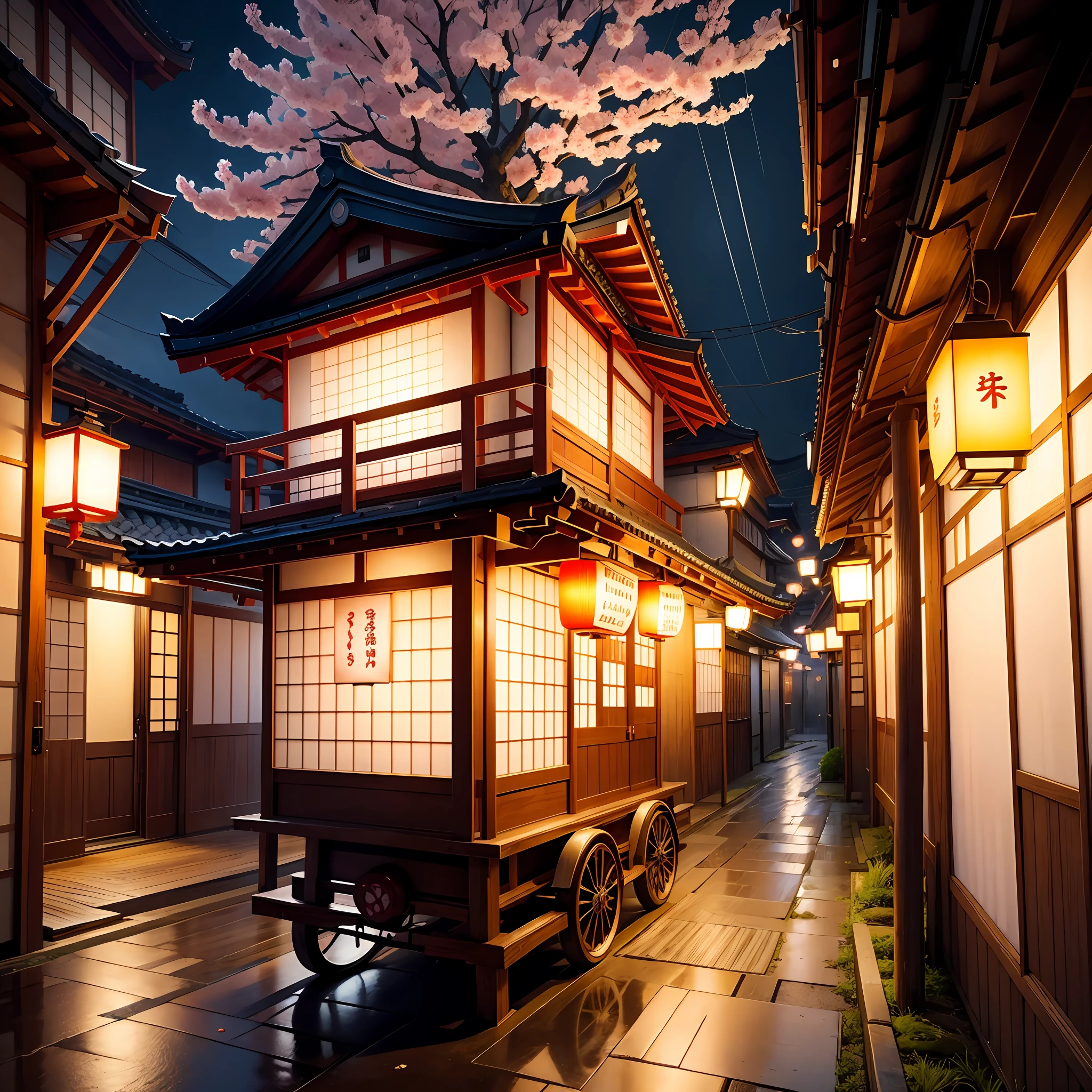 Print, manga, colorful, Japanese lantern, ramen cart, sakura, framing, Osaka, modern Japan with sakura flowers falling in the wind and light rain on clear and sunny day.