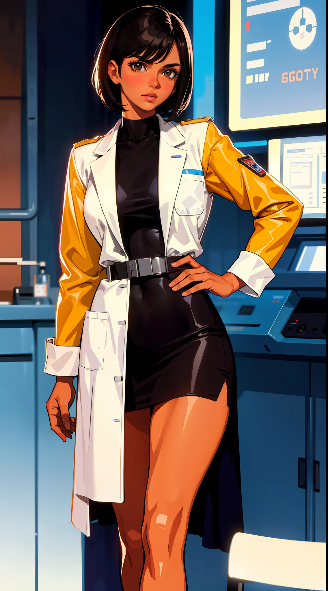Science fiction, medical uniform, lab coat, 1984 movie references, 80's, rebellious stories, 30 women, adults, brown eyes, tanned skin, black Bob's short hair, dresses, medical uniform, old technology, realistic face resolution, realistic, object resolution