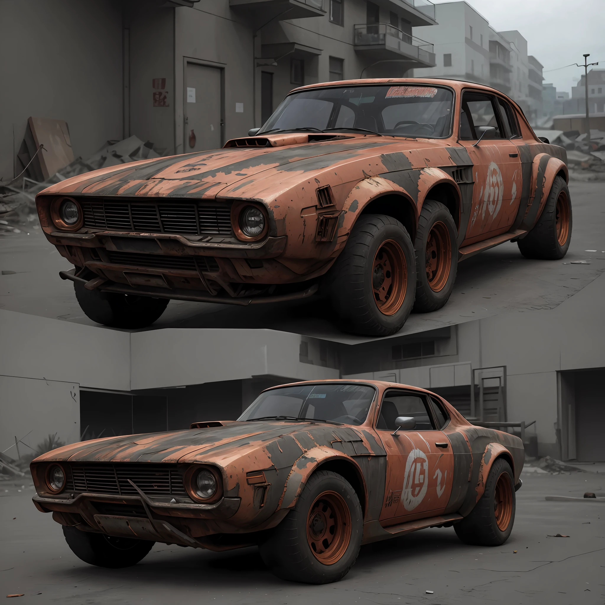 a photo of a rusty tslas (zeekars), 3/4 front view, survival, post-apocalyptic, cyberpunk, outdoors, night, destruction, urban decay, masterpiece, photorealistic, 8k, high detail, dark theme,
