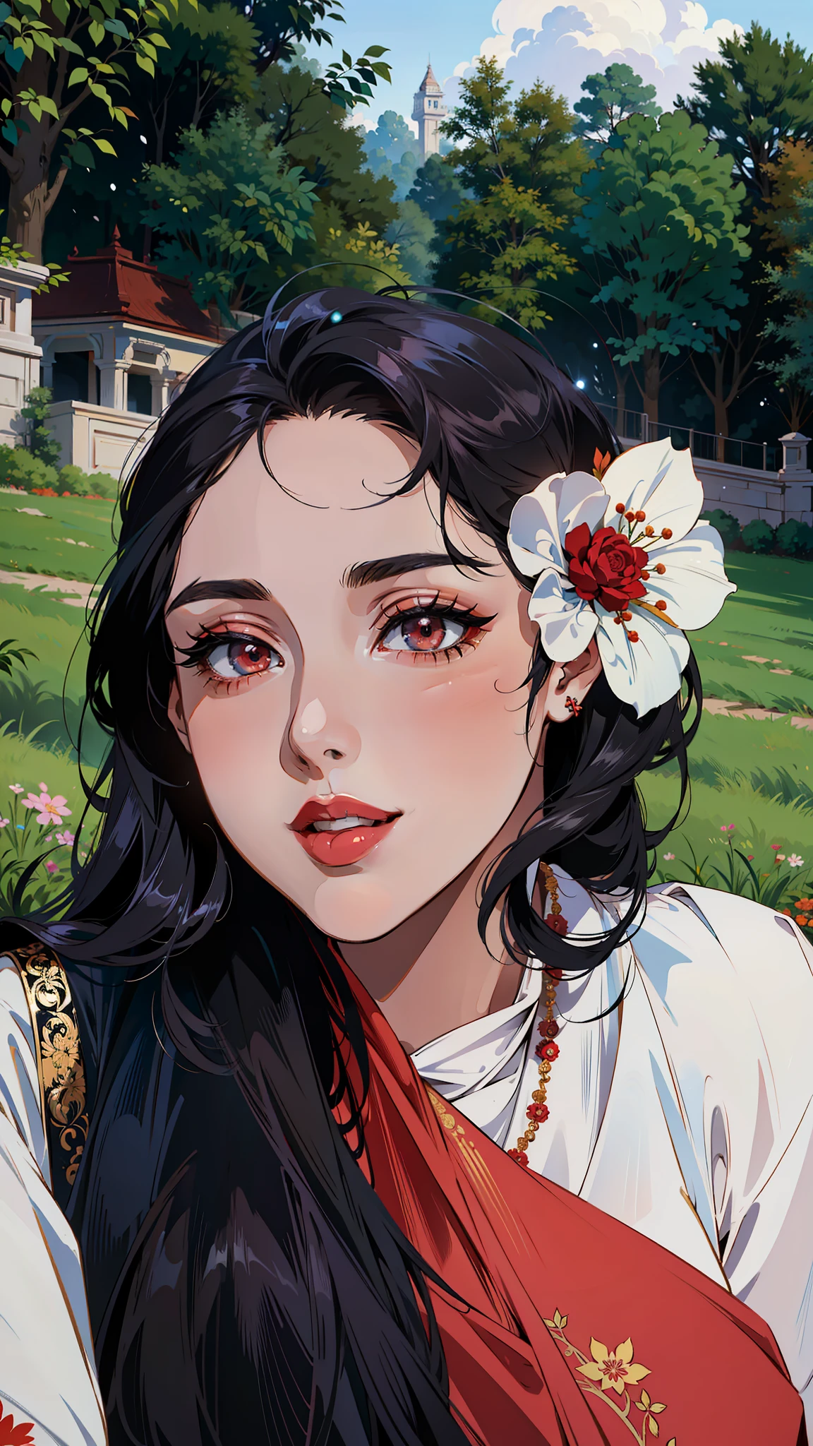 (masterpiece),(best quality:1.0), (ultra highres:1.0), detailed illustration, 8k, anime, 1girl, beautiful anime girl, wearing a white and red saree, beautiful saree, intricate details, black eyes, detailed eyes, black hair, detailed hair detailed, highlights on hair, smiling, matte red lipstick, red lips, anime style, best quality, detailed