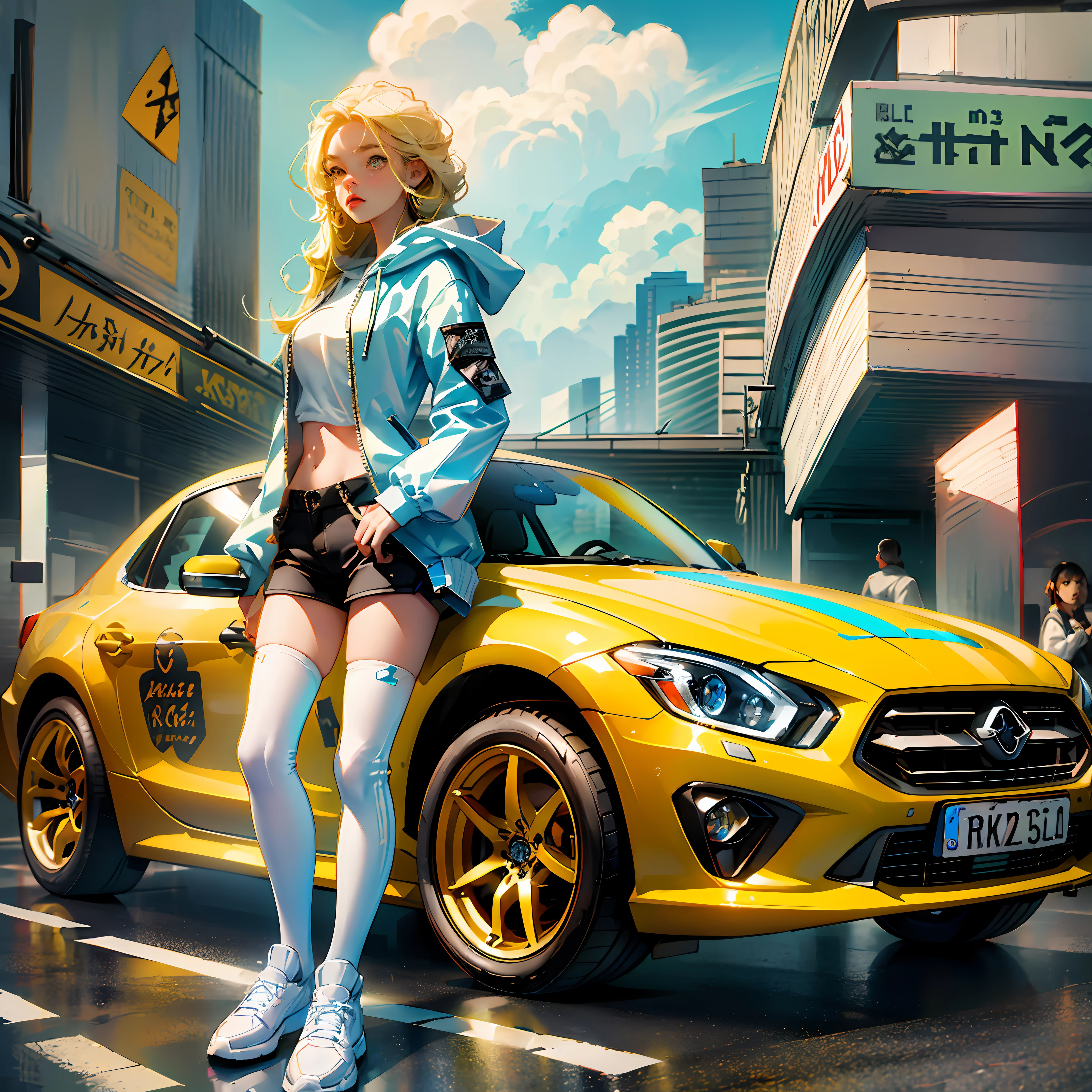 absurdres, ((masterpiece, best quality)),extremely_detailed_wallpaper, illustration,1girl,(girl:1.5),standing, (fullbody), [car],(yellow car:1)solo, (girl stand in front of car:1.5),sitting ,(blonde hair),(yellow hair) ,long hair,looking at viewer,bright,beautiful detailed sky,cloudy sky,city,light,motor vehicle,ground vehicle, sports car,vehicle focus, legs,(white thighhighs),(white footwear),denim shorts, (gray hoodie), Negative prompt: (worst quality, low quality:1.4),nsfw,(bad_prompt),cropped,text,jpeg artifacts,signature,watermark,username,blurry,artist name,trademark,title,muscular,sd character,multiple view,Reference sheet,long body,malformed limbs,cloned face,malformed,mutated,bad anatomy,disfigured,bad proportions,duplicate,bad feet,artist name,extra limbs,ugly,fused,text font ui,missing limb,extra legs, extra arms, EasyNegative
Steps: 19, ENSD: 31337, Size: 600x400, Seed: 1342907544, Sampler: DPM++ SDE Karras, CFG scale: 7, Clip skip: 2, Model hash: e714ee20aa, Hires upscale: 2.5, Hires upscaler: SwinIR_4x, Denoising strength: 0.55 --auto --s2