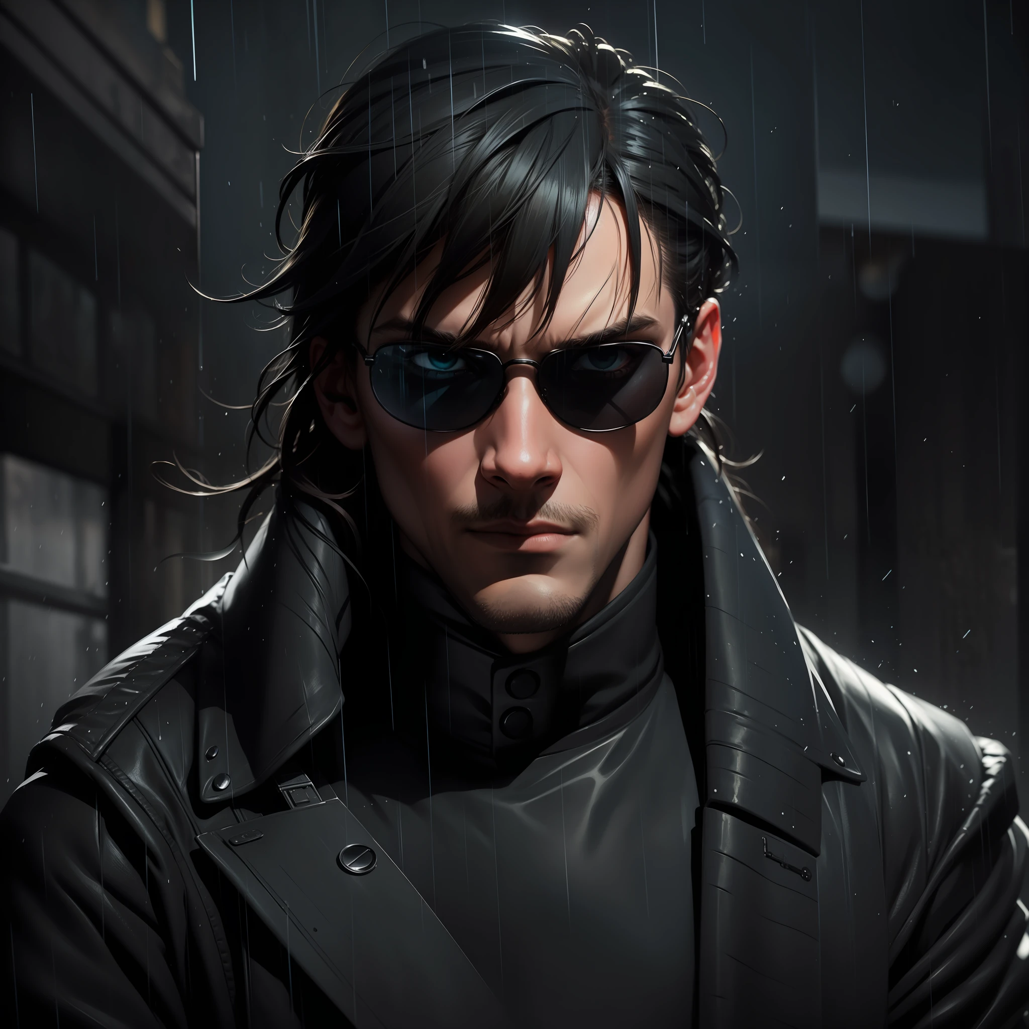 Matrix, closeup portrait, Man wearing sunglasses, crowd in background, rain, 8k,