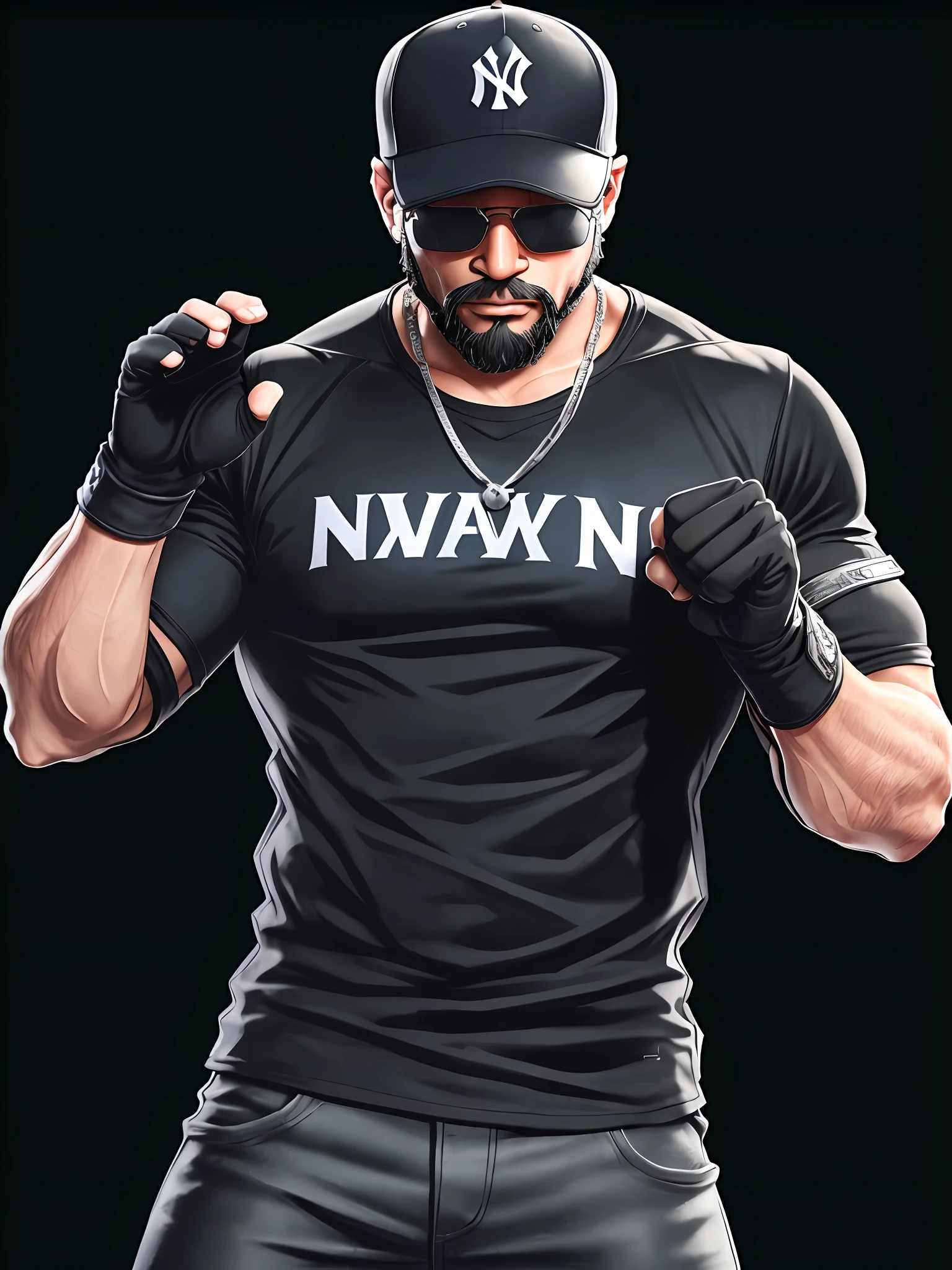 1 person, solo, male, sunglasses, black New York Yankees hat, black t-shirt, beard, muscles, hip hop, gta5, open finger gloves, fighting pose, simple black background, silver thick necklace