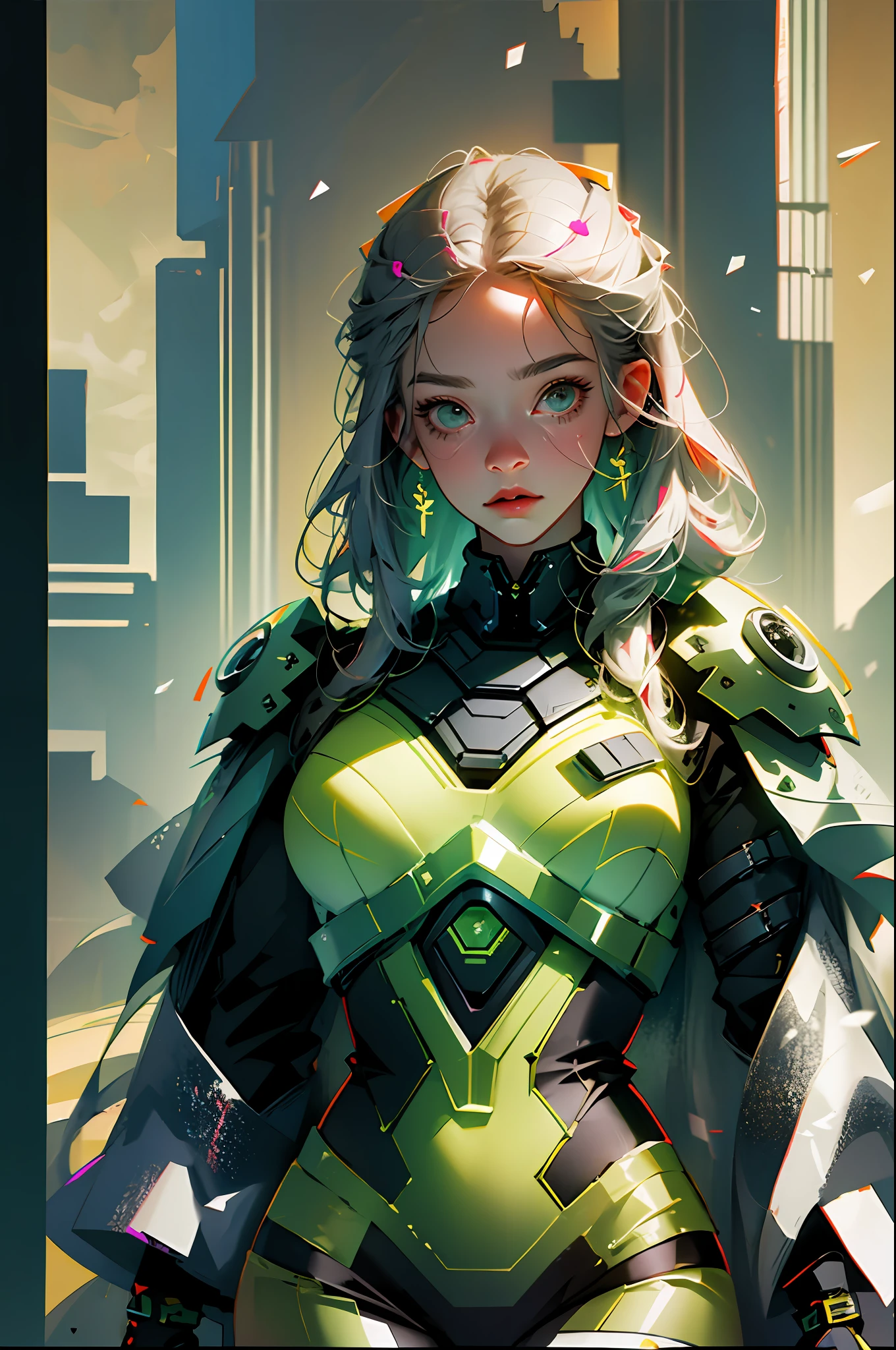 ((Best quality)), ((masterpiece)), (highly detailed:1.3), 3D, beautiful (cyberpunk:1.2) special forces, robort,female with thick voluminous hair wearing (wearing camouflage_uniform:1.1), body armour,cape,digital (camouflage:1.3),HDR (High Dynamic Range),Ray Tracing,NVIDIA RTX,Super-Resolution,Unreal 5,Subsurface scattering,PBR Texturing,Post-processing,Anisotropic Filtering,Depth-of-field,Maximum clarity and sharpness,Multi-layered textures,Albedo and Specular maps,Surface shading,Accurate simulation of light-material interaction,Perfect proportions,Octane Render,Two-tone lighting,Wide aperture,Low ISO,White balance,Rule of thirds,8K RAW,Efficient Sub-Pixel,sub-pixel convolution,